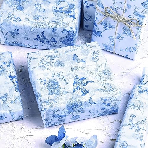 Miniatura 7 de Bolsome 100 hojas de papel de seda floral vintage de 20 x 14 pulgadas para envolver regalos, papel de seda azul con estampado de peonía mariposa y