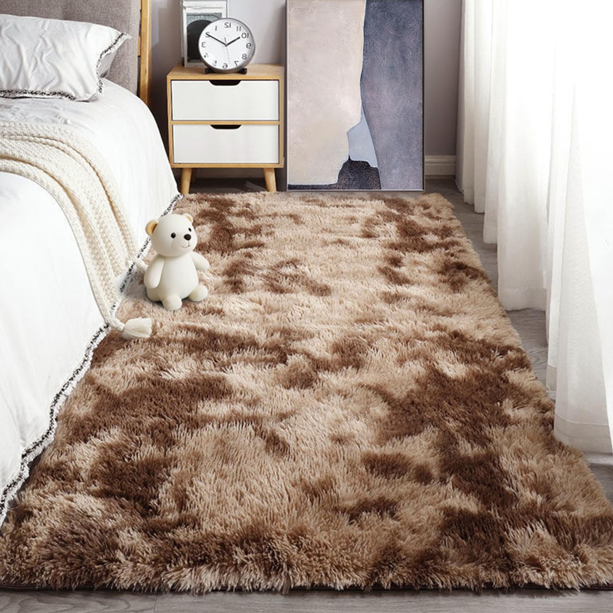 Tapis de salon 170x340 cm poil long rectangulaire lavable marron XIAOMEI