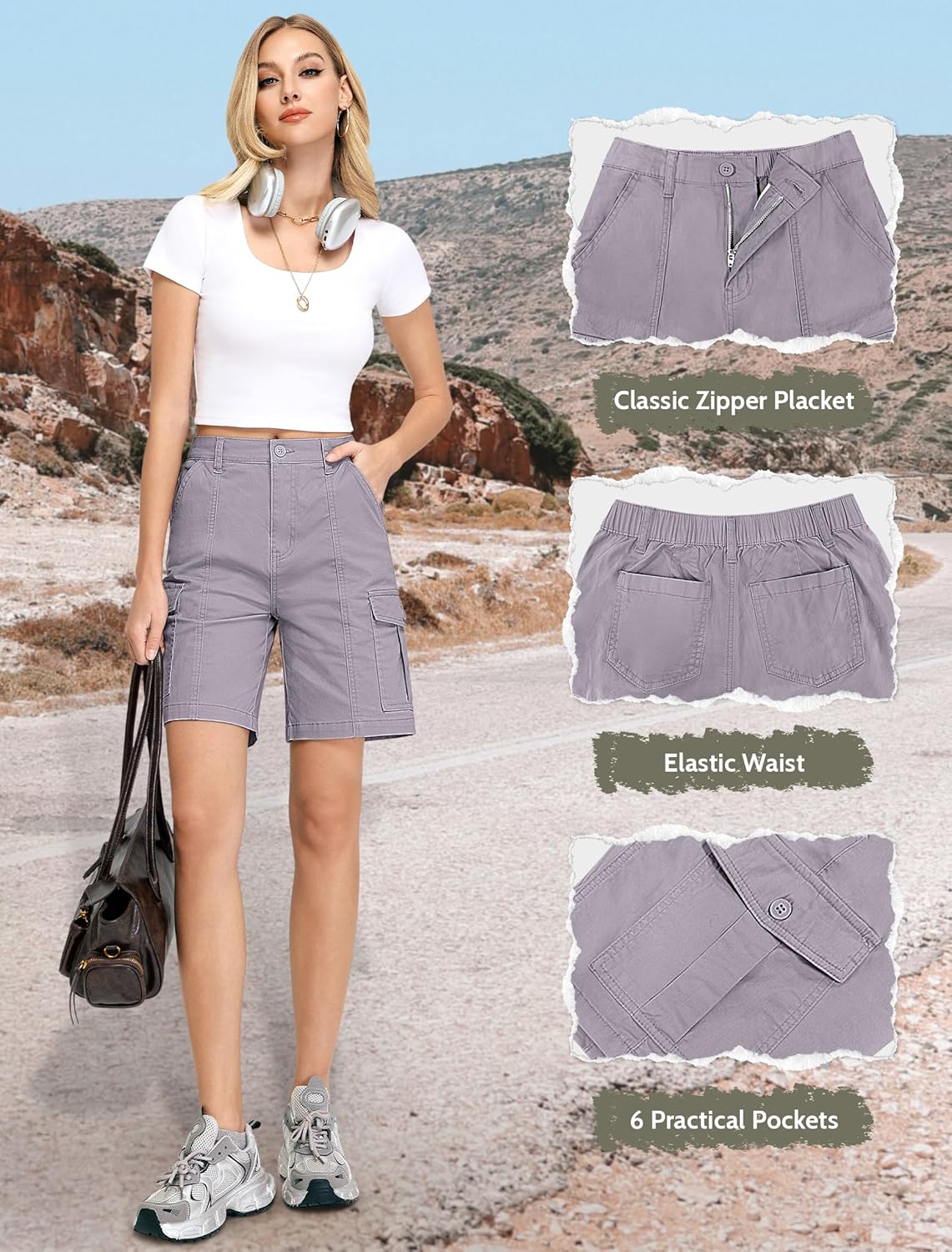 IWD Bermuda Cargo Denim Shorts for Women Knee Length 6 Pockets Elastic Waist Long Jorts for Summer Casual - Image 4