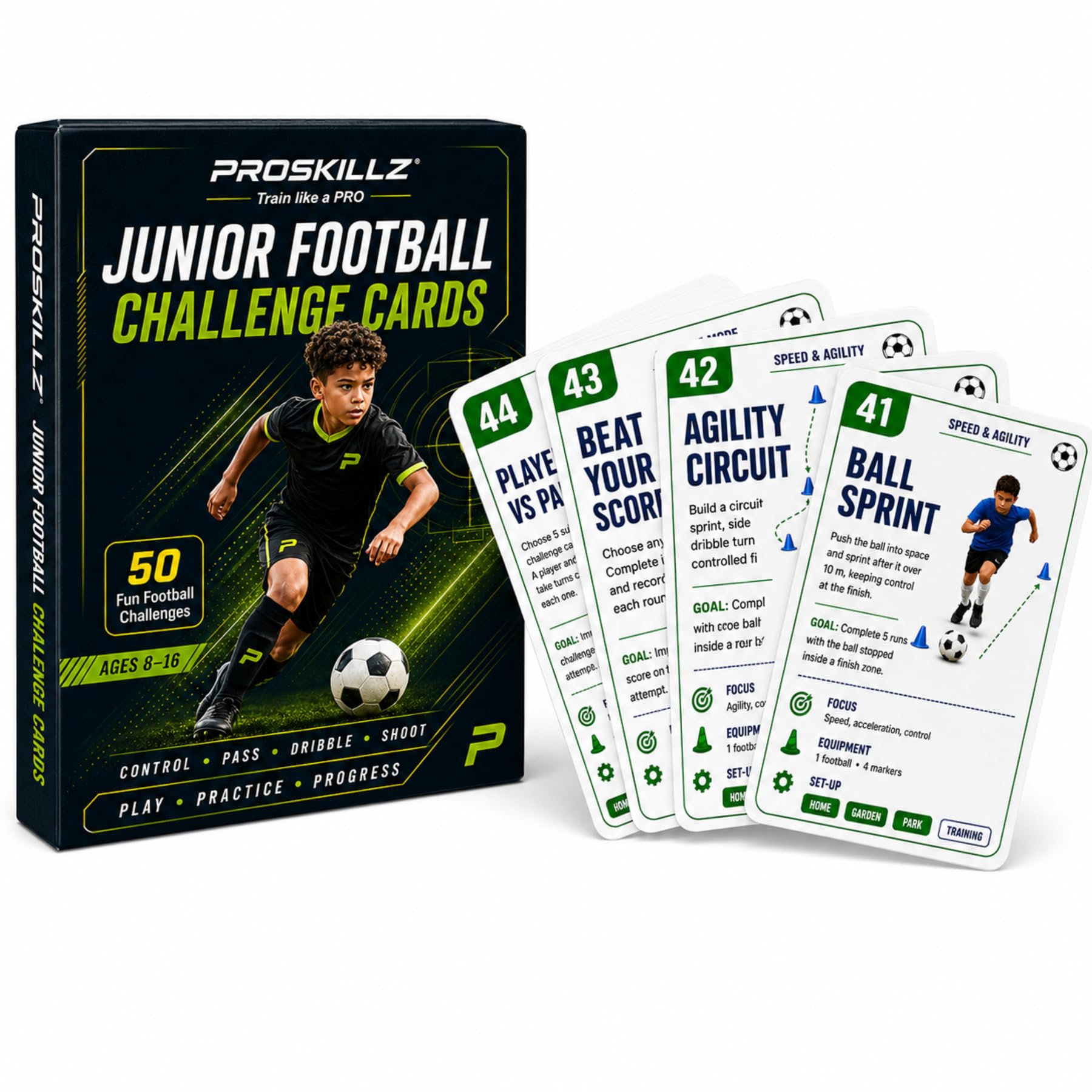 Football Challenge Cards by PROSKILLZ® I 50 Fun Football Training Challenges for Ages 8–16, Skills Drills for Control, Passing, Dribbling & Shooting, Football Gift for Kids
