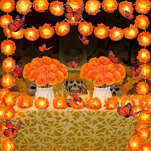 43 Pcs Day of The Dead Decorations, 10 Ft 20 LED Marigold Garland, 30 Artificial Marigold Flowers, 12 Butterfly for Dia De Los Muertos Decorations