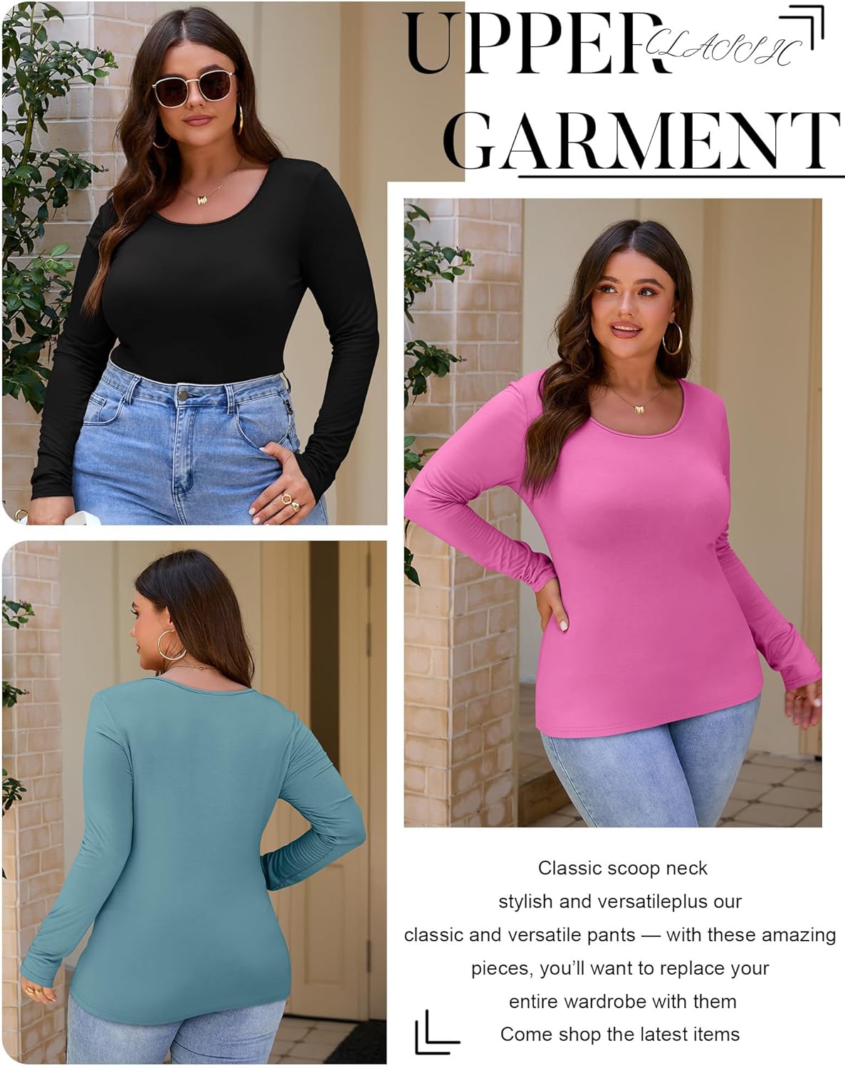 3 Pack Women's Plus Size Shirts Tops Scoop Neck Long Sleeve Tee Slim Fitted Stretchy Casual Basic Fall Winter Blouse - Image 6