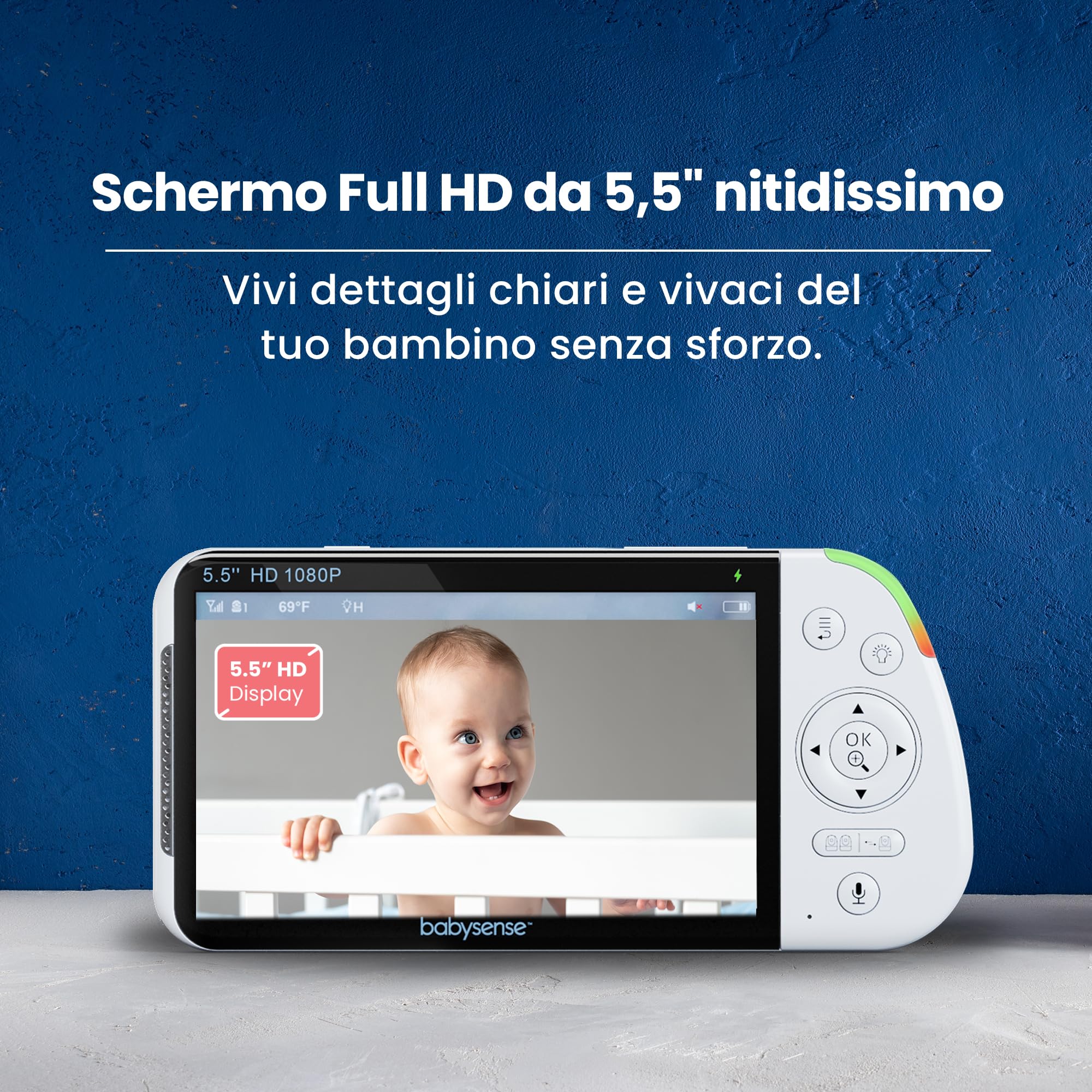 Babysense Babyphone Full HD con schermo diviso a 2 camere, luce notturna a 6 colori, rilevatore di rumori e luci, batteria da 20 ore, connessione sicura senza WLAN