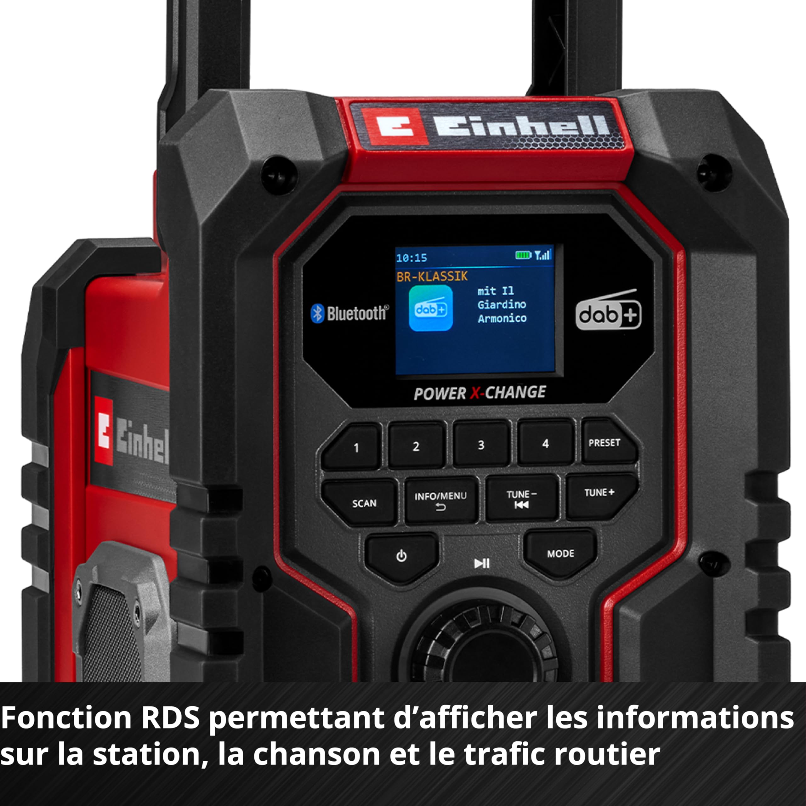 Radio de Chantier sans Fil Einhell Te-CR 18 Li Dab+/FM/BT-Solo | PXC | 18 V | DAB+ | FM | Bluetooth | AUX | USB | recherche automatique des stations | écran couleur TFT | IP65