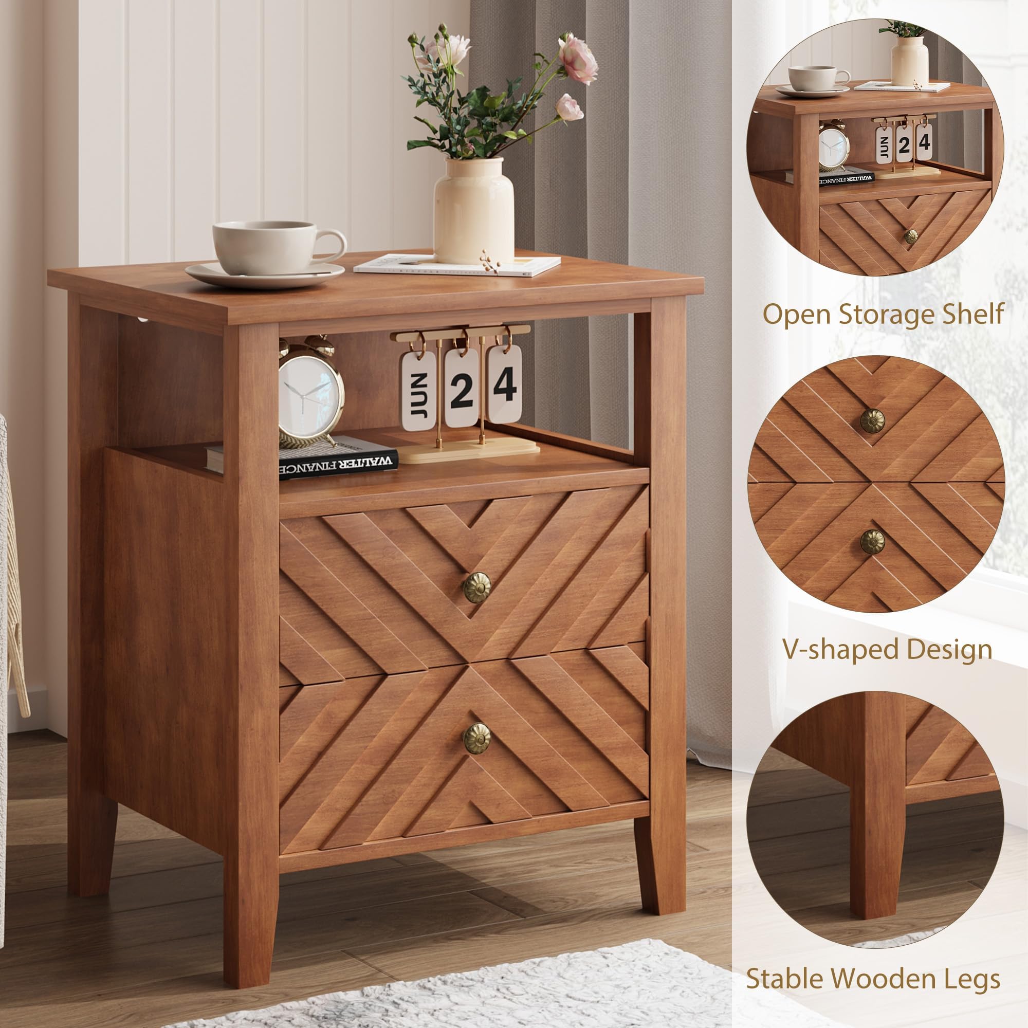 GarveeHome Mesita de Noche Vintage con luz LED, 2 cajones y Estante Abierto, diseño en V, Brown