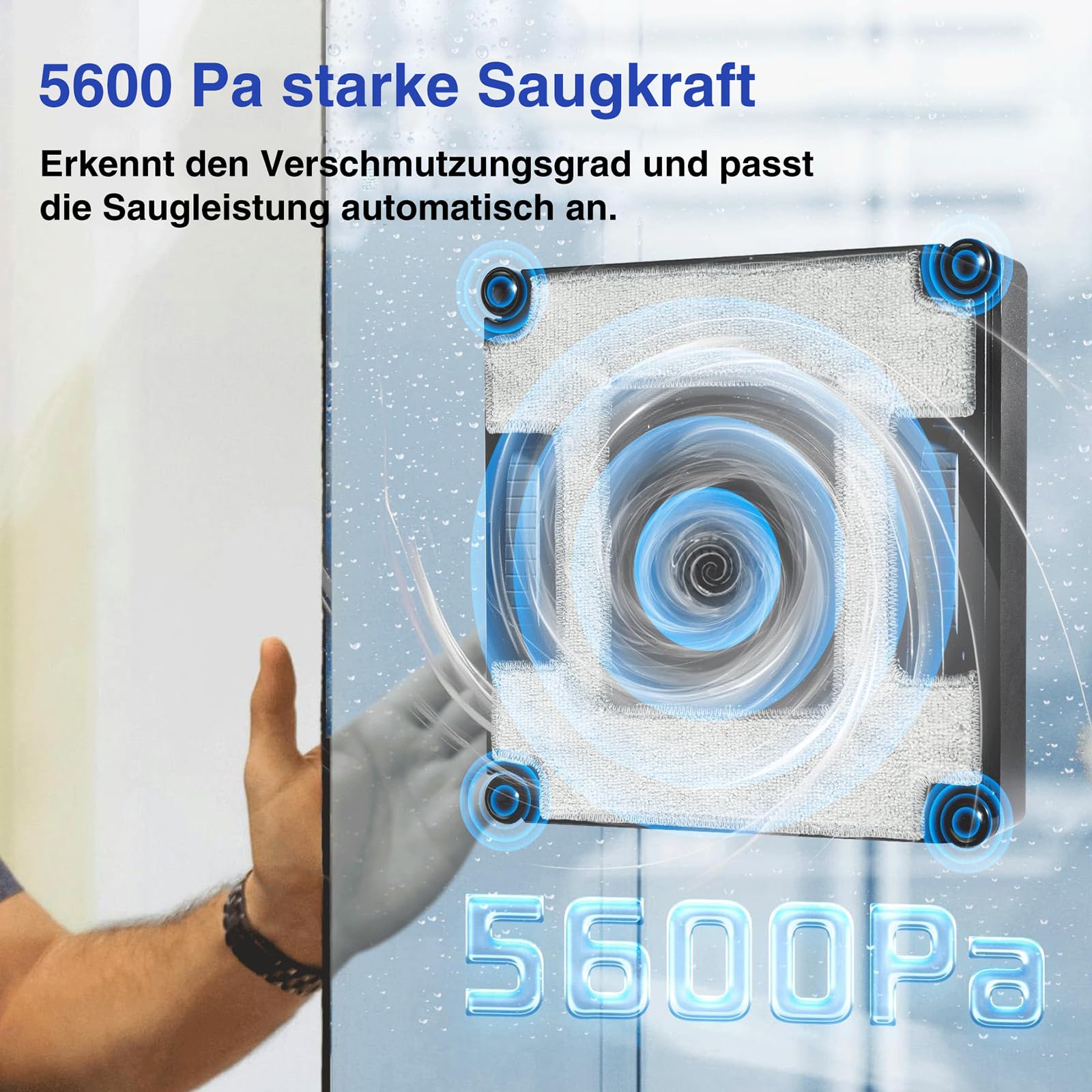 Fensterputzroboter 5600Pa mit 6-Düsen Sprühsystem, Fenstersauger für rahmenlose Fenster, App & Fernbedienung, Automatischer Fensterreiniger, 22.5x22.5x6.5cm