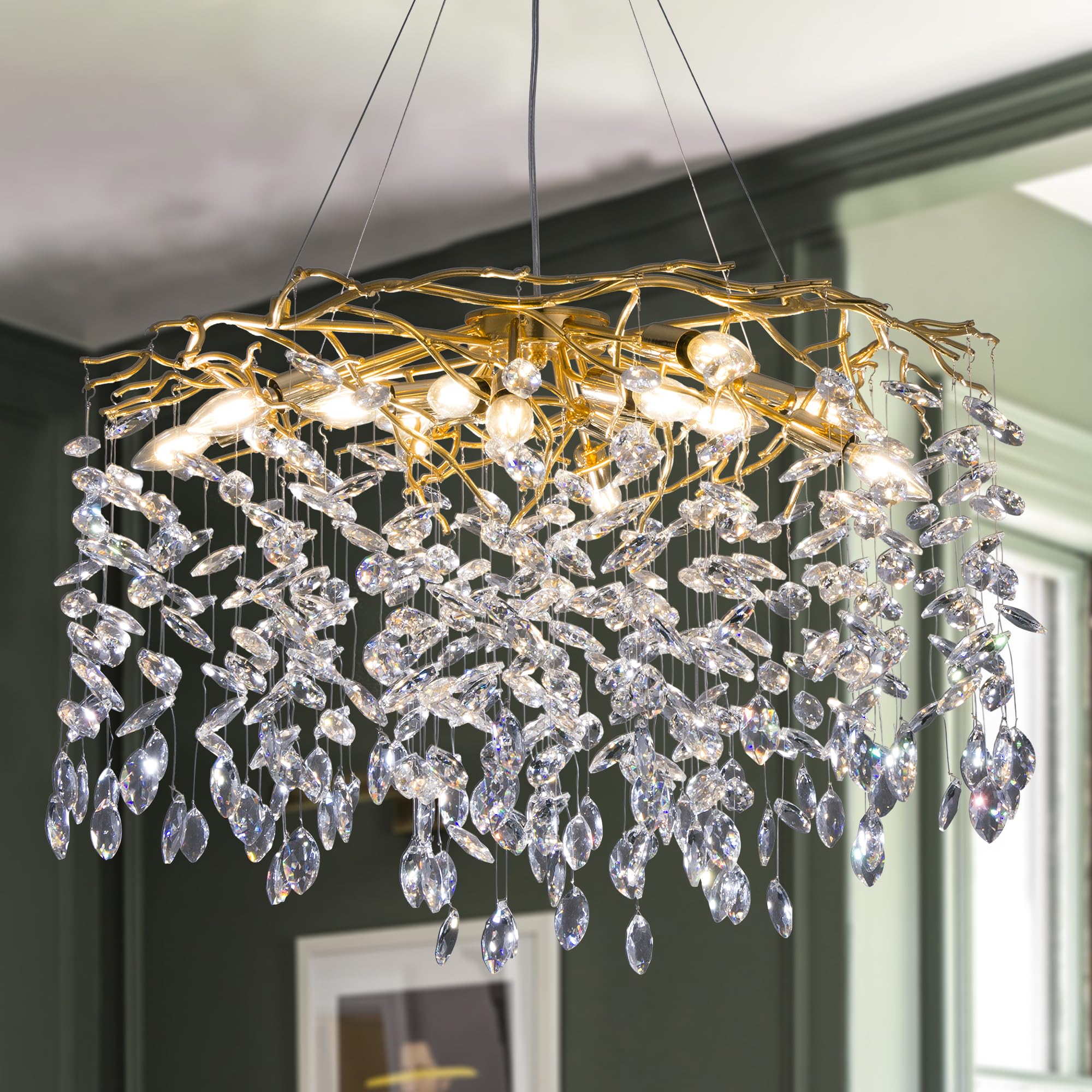 tochic modern crystal chandelier, gold chandelier for dining room living room round tree branch chandelier for bedroom raindrop pendant light fixture for kitchen, foyer, entryway 31.5"