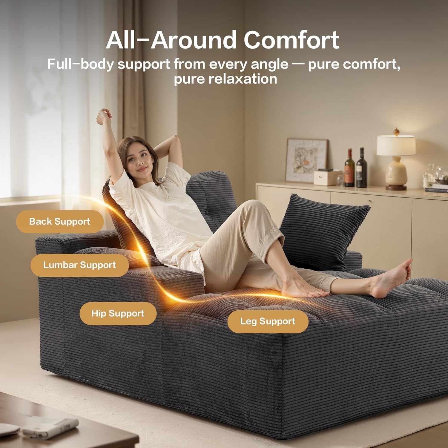 50" Oversized Boneless Chaise Lounge Chair Indoor, Plush Faux Fur Cloud Sofa Couch with Pillows, No Assembly Deep Seat Reading Chair Bed, Cozy Floor Couch for Living Room or Bedroom