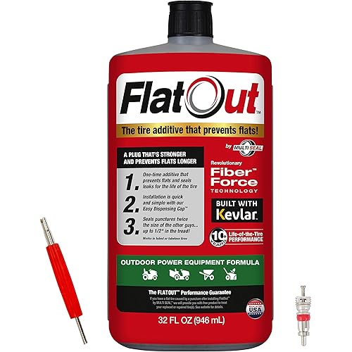 FlatOut Tire Sealant Outdoor Power Equipment Formula - with Valve Core Tool and Replacement Valve Core, Prevent Flat Tires, Seal Leaks, Contains Kevlar, 32-Ounce Bottle, 1-Pack
