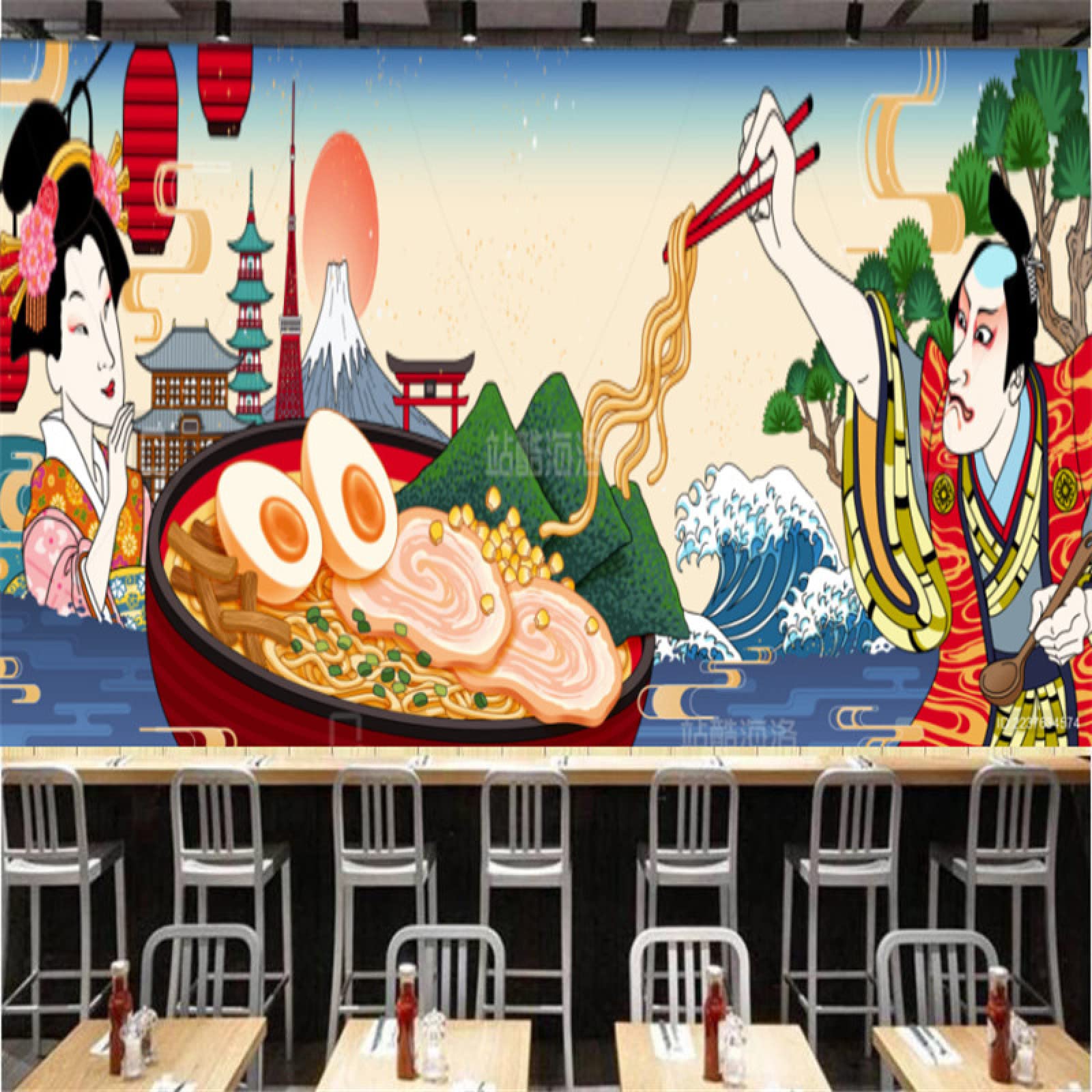 Ramen-Suppe-Tapeten, industrielles Dekor, Ukiyoe, salzige Schweinefleischsuppe, Nudeln, Restaurant, Hintergrund, Tapete, Wandbild, 200 cm (L) × 140 cm (H)