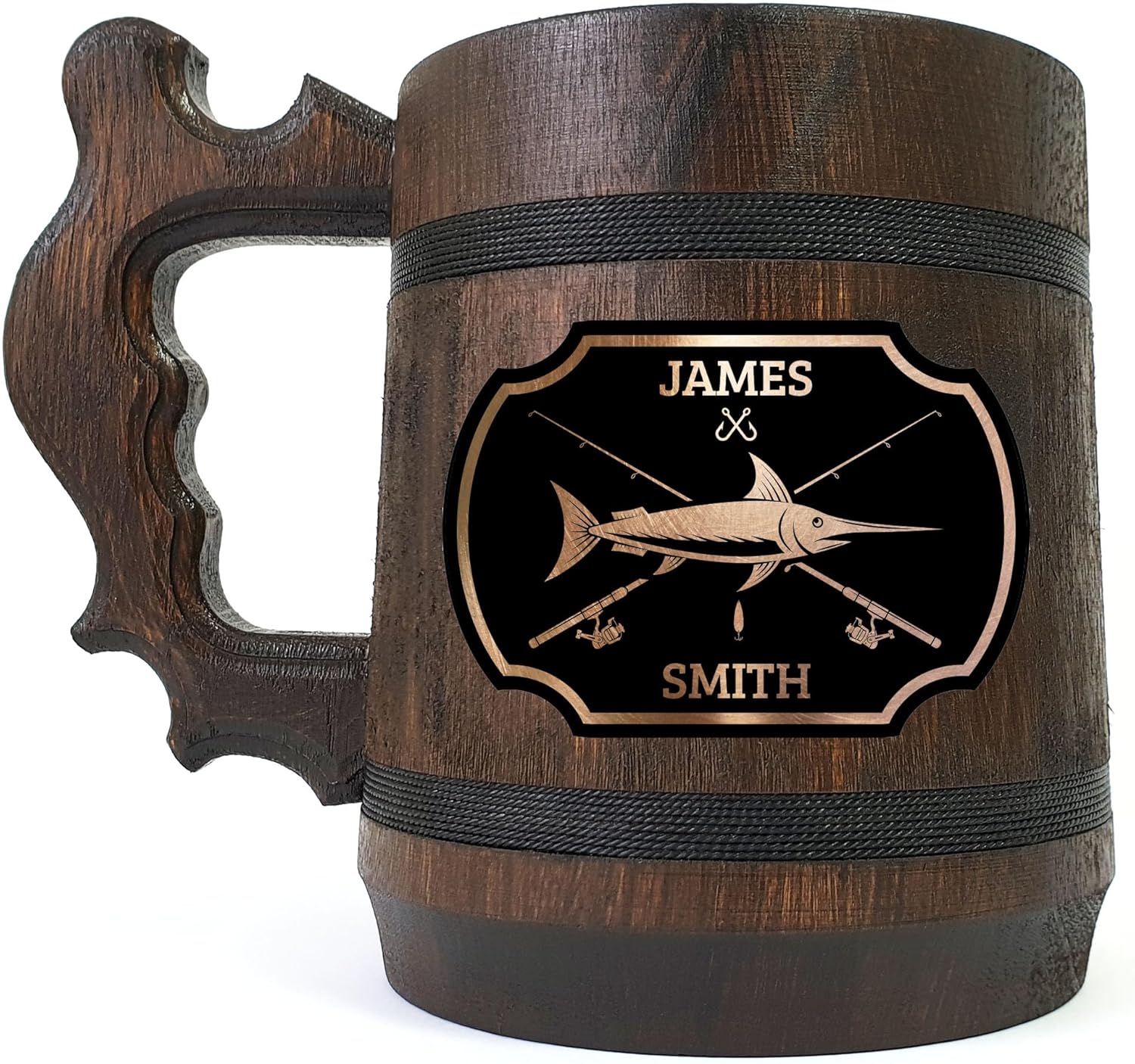 Fishing Beer Stein, Personalized Beer Mug, Gift for Fisherman, Wooden Beer Tankard, Personalized Gift, Gift For Husband