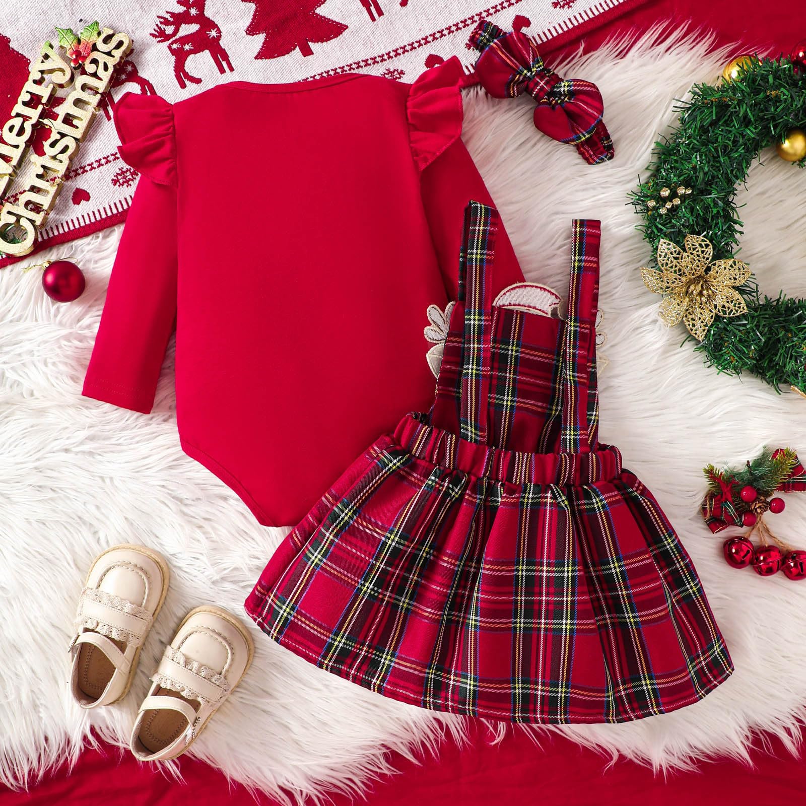 Weihnachtskleidung für Babys, Mädchen, 74, Langarm, Cartoon, Träger, Plaid, Röcke, Babykleidung