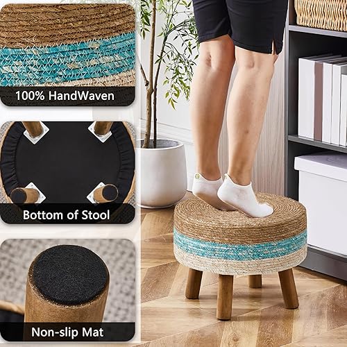 Miniatura 5 de Wimarsbon Puf otomano de 17 pulgadas, reposapiés grande con patas de madera, reposapiés de jacinto de agua natural hecho a mano, mesa auxiliar para