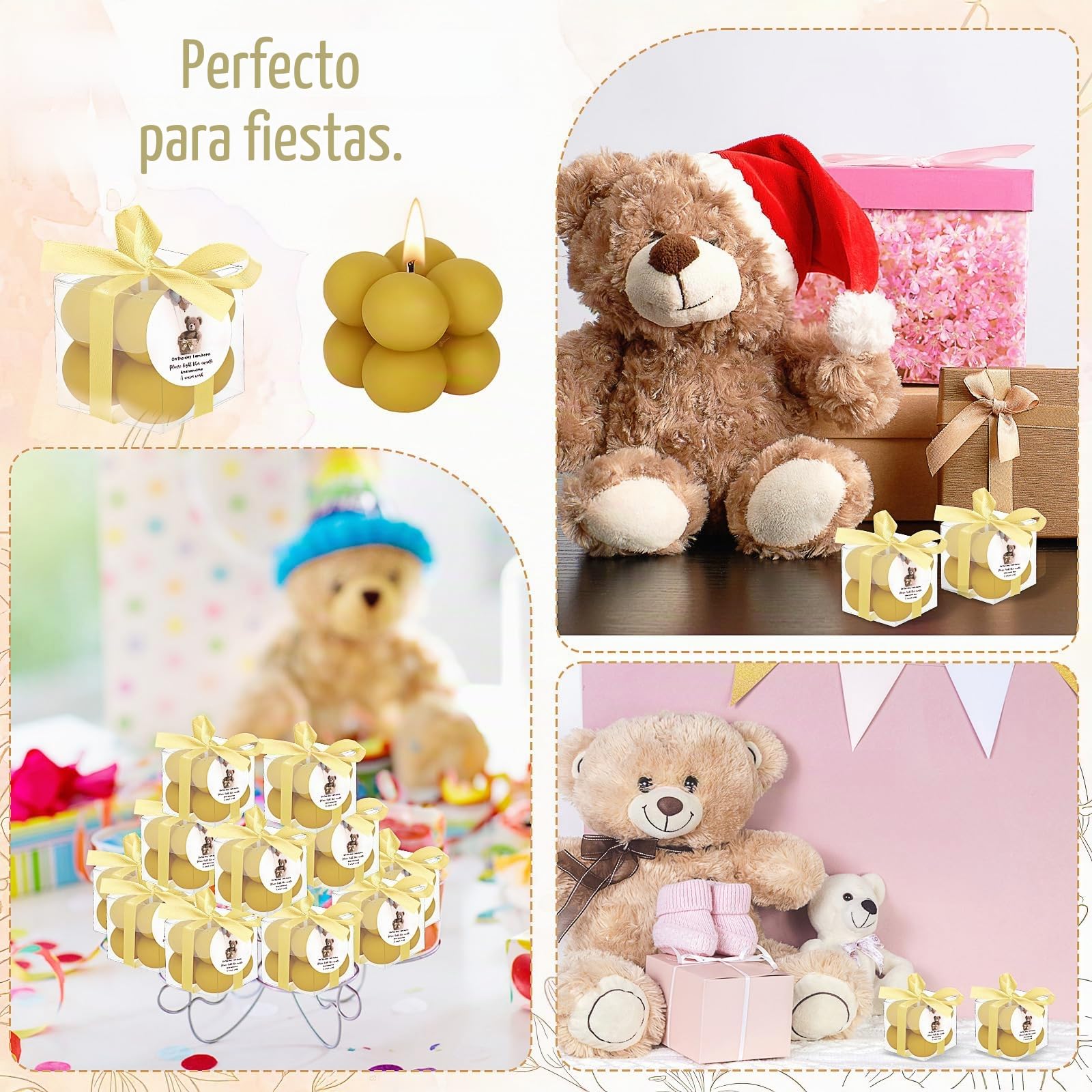 30 juegos de velas de oso para baby shower, velas pequeñas de burbujas, recuerdos de baby shower para invitados, velas de té a granel con elegantes cintas, tarjetas, regalos, decoración de fiesta