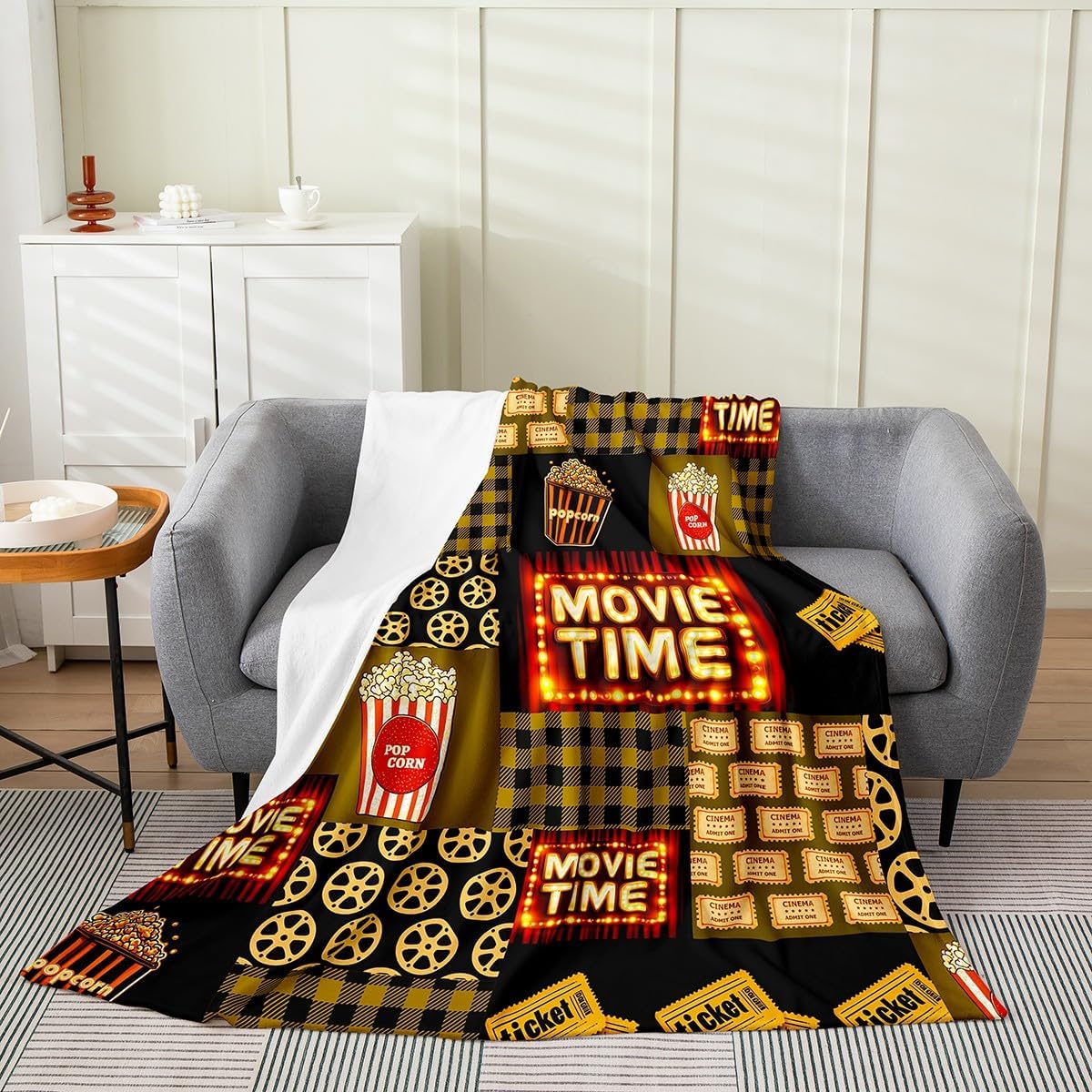 Feelyou Popcorn All Season,Bed Blanket Cinema Poster Plush Throw Blanket, for Kids Boys Girls Teens Decor Movie Theater Food Flannel Fleece Blanket Old Fashion Home Decor Blue Queen 90"x90"