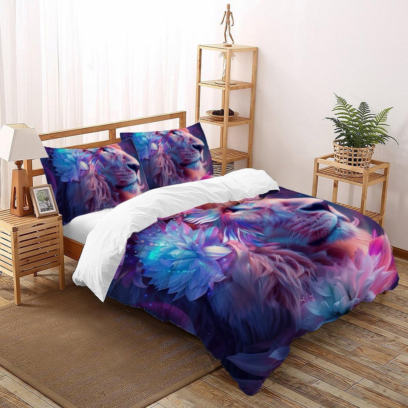 Housse de couette lion double 200x200 microfibre animaux lit garçon fermeture éclair