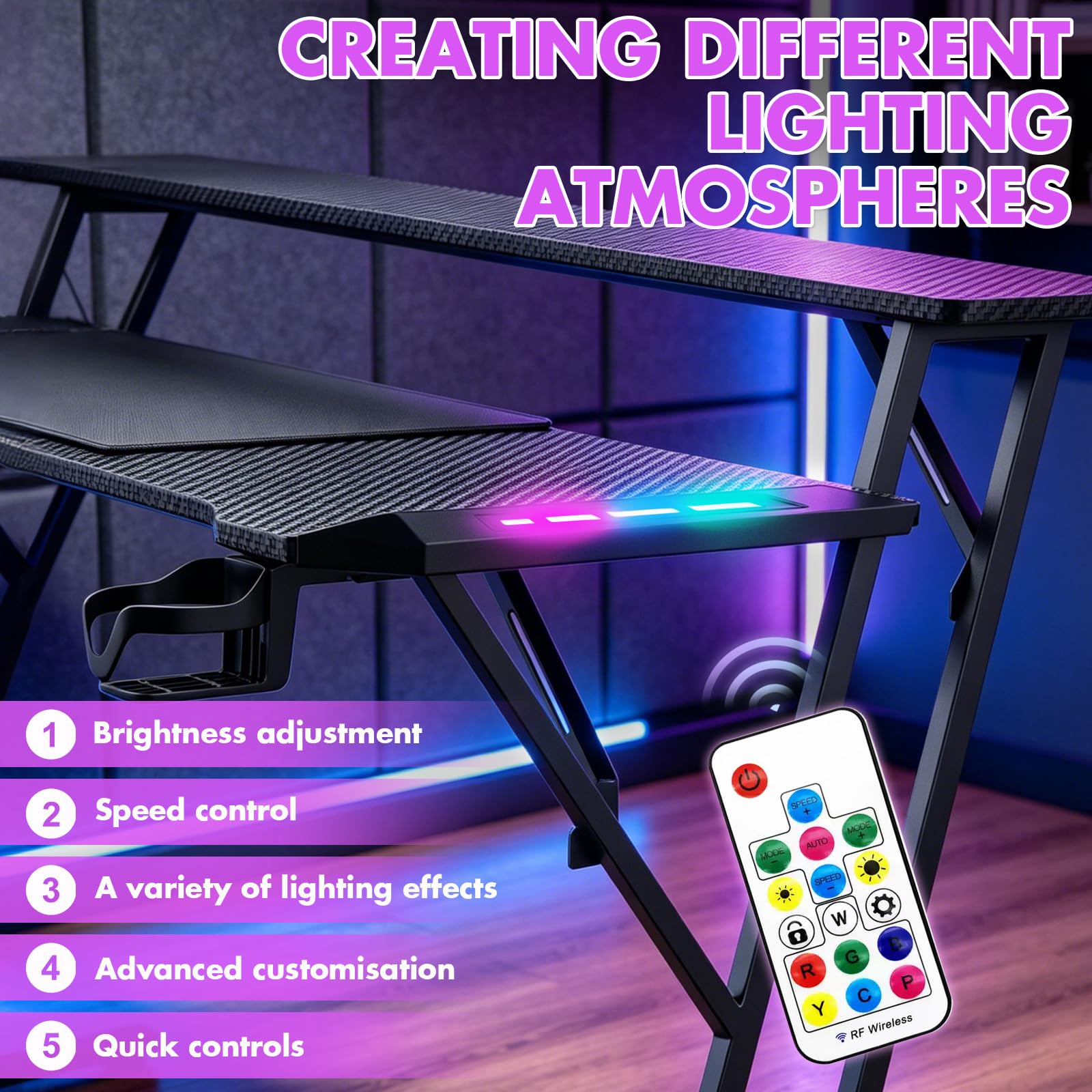 Verdego Gaming Tisch mit LED Beleuchtung, Monitorständer, PC Tisch 120 cm | Gaming Schreibtisch mit Getränkehalter, Kopfhörerhalter, Kohlefaseroberfläche, Computertisch für Streaming, Schwarz