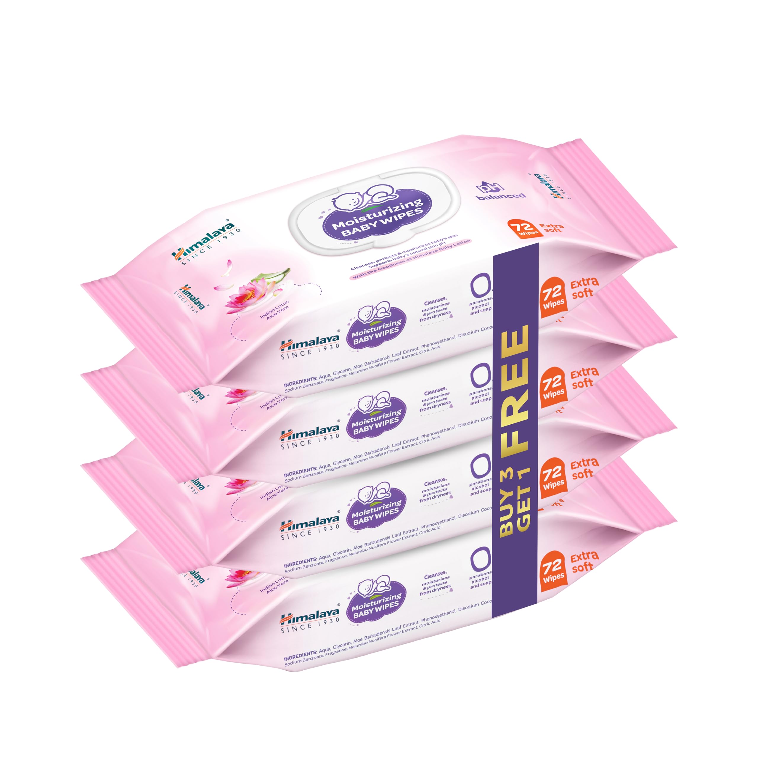 Himalaya Moisturizing Baby Wipes with Lid | 72 Wipes x B3 G1 Free - 288 Wipes| With Indian Lotus & Aloe Vera | Protects baby's skin from Dryness |-image-5