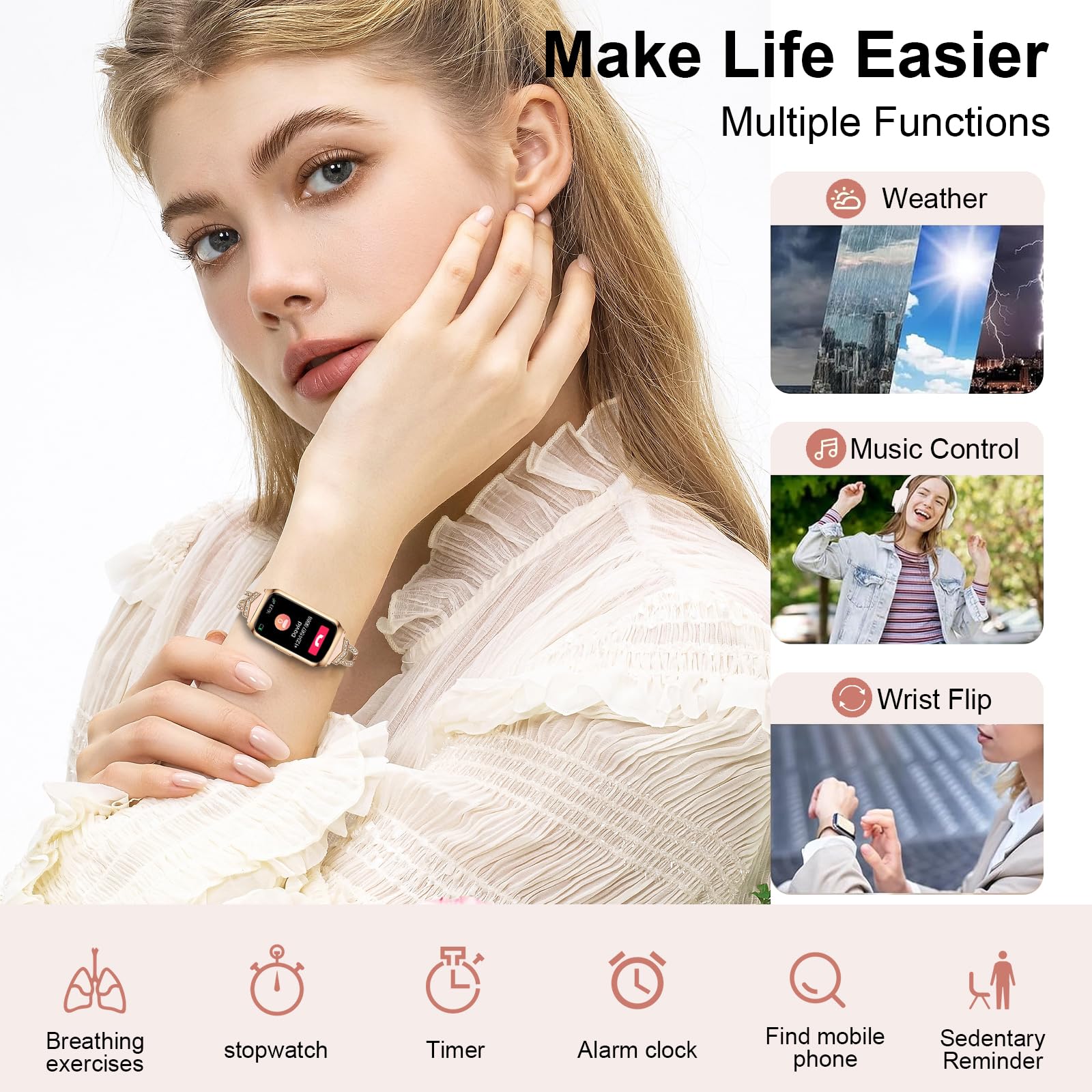 Montre Connectée Femme, 1.47" HD Smartwatch avec Cadre en Aluminium, 26 Modes Sportifs, Fréquence Cardiaque SpO2 Suivi Sommeil, Etanche IP68 Smartwatch Féminine pour Android iOS, Or Rose