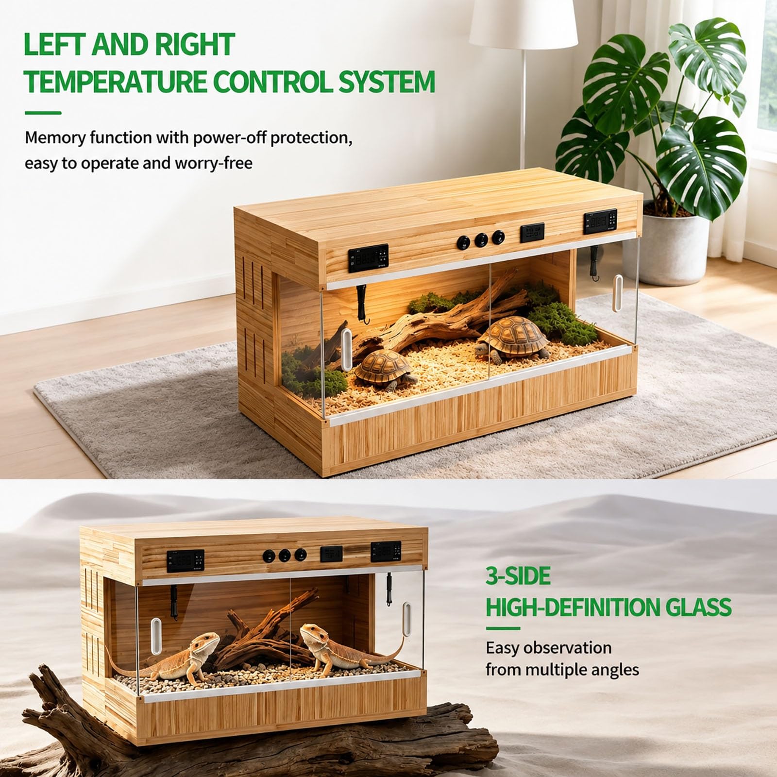 Vivario para reptiles de madera maciza con doble termostato inteligente, recinto de 3 cristales HD con zonas de calefacción independientes, terrario ventilado para pogona, tortuga y lagartija(Small)