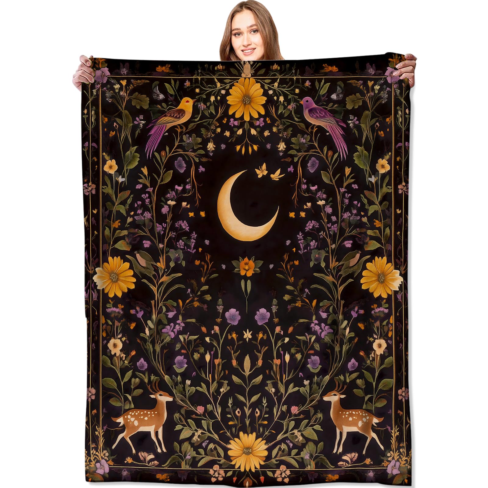 VODRM Mystical Moon and Deer Blanket Enchanting Floral Throw Blankets,Birthday Gifts for Kids Girls Women,Lightweight Soft Fleece,Nature Lovers,Sofa