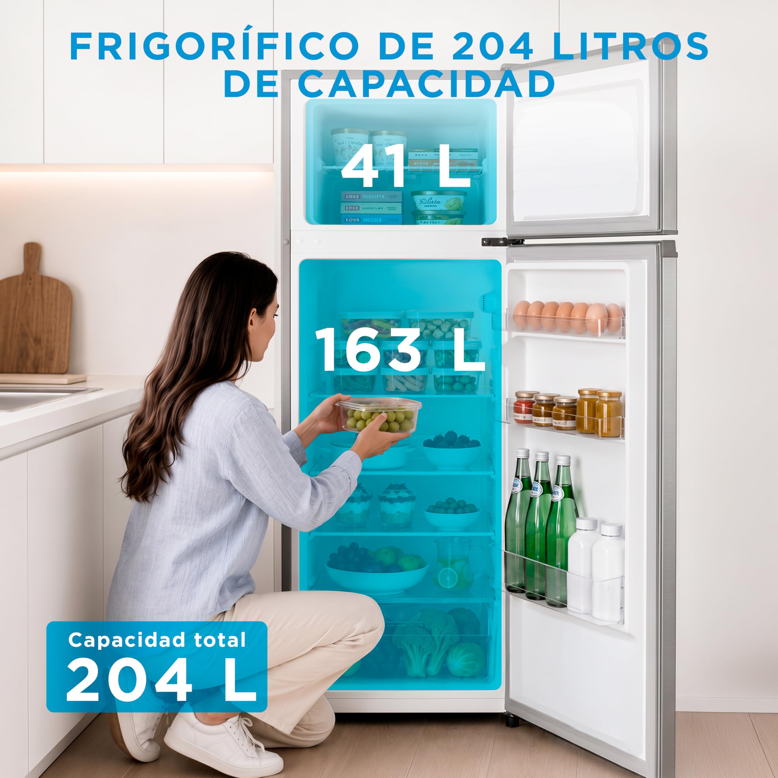 Midea Frigorífico 2 puertas 140 cm alto x 55 cm ancho, Inox, Capacidad 204 L, Nevera Pequeña con Congelador Low Frost de Bajo Consumo, Puerta Reversible, Luz LED, Silencioso 40dB, Cajón de Frutas