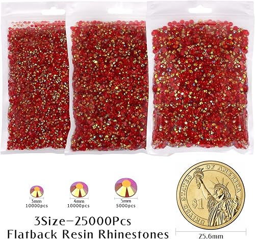 Miniatura 7 de 25000 diamantes de imitación rojos de resina AB con parte trasera plana, diamantes de imitación de resina de gelatina de 0.118 in, 0.157 in y 0.197