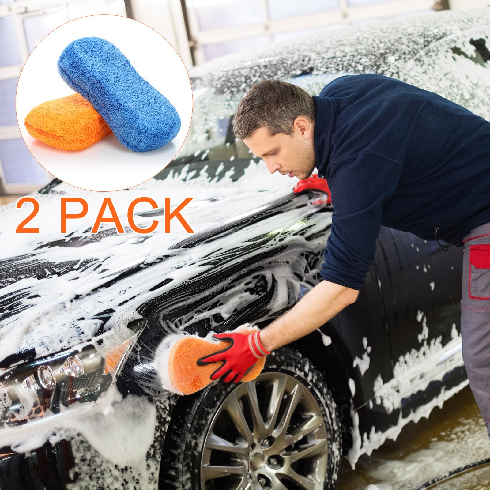 Tanlade 2 esponjas grandes de microfibra para lavado de coche, esponjas de microfibra antiarañazos para suministros de lavado de automóviles, camiones y motocicletas (azul, naranja)