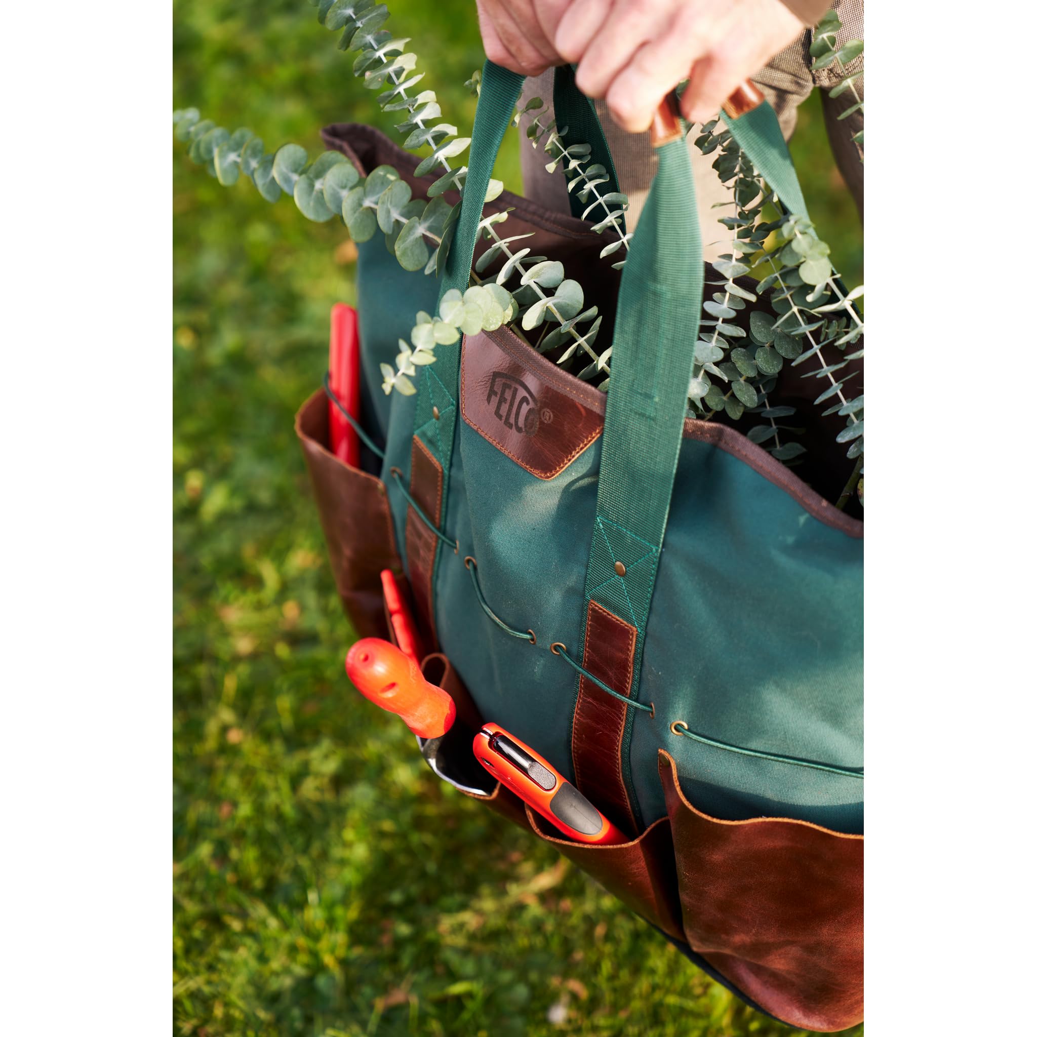 FELCO 481 Borsa Multiuso da Giardino, Tela Idrorepellente, Tasche in Pelle di Bufalo Cerata, Fondo in Pelle Nera, Cinghie Elastiche Dori, 500mm, Design Lifestyle e Pratico