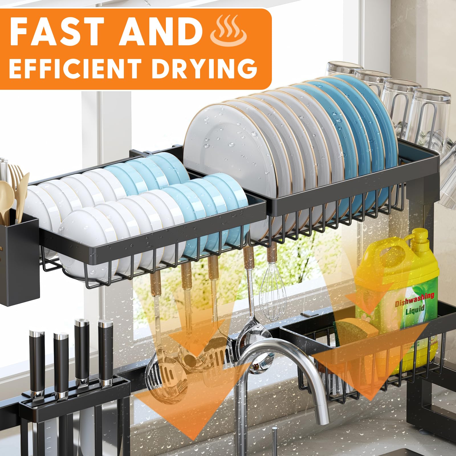 TOPEMAI Over The Sink Dish Drainer Drying Rack - 2 Tier Dish Drying Rack Over The Sink, Snap-On Design, Adjustable Length/Height, Stainless Steel Above Sink Drying Rack for Kitchen Counter