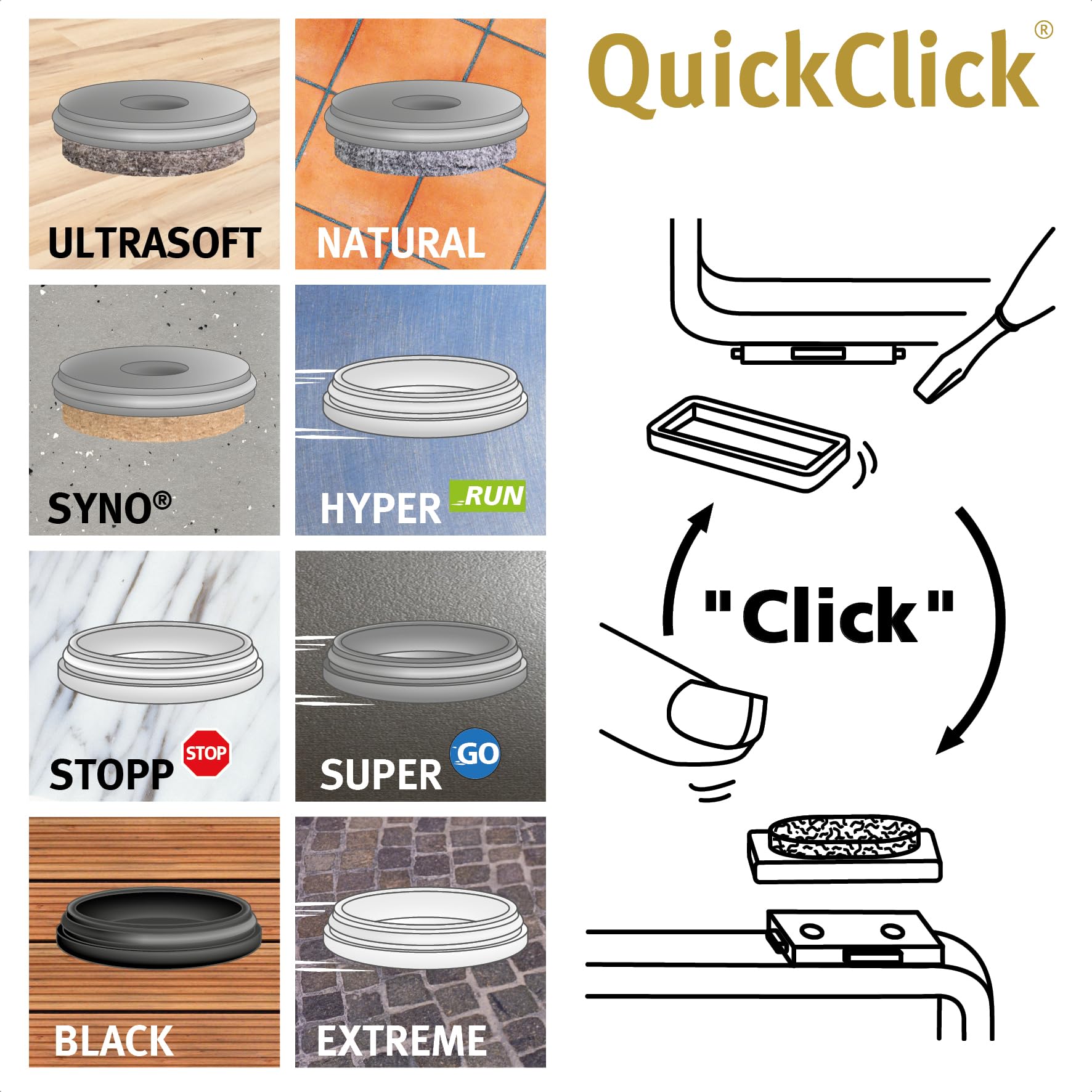 Wagner QuickClick® Filzgleiter Stuhlgleiter 16tlg Set zum Anschrauben - 4X Basis + 8X Schraube + 4X Gleitaufsatz austauschbar - Wollfilz Ultrasoft - Einsatz 32 x 15 mm - Made in DE - 15782800