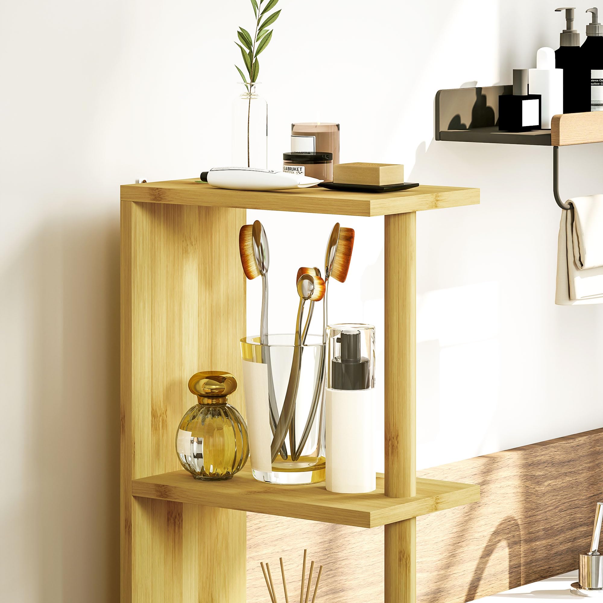 HOMCOM Colonne de Salle de Bain, Meuble de Salle de Bain, avec 2 étagères Ouvertes, 2 placards à Portes magnétiques, en Bambou, Bois Naturel