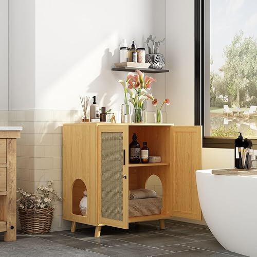 Miniatura 3 de Lovinouse Cat Litter Box Enclosure Furniture, Wooden Cat Washroom with Removable Divider, Cat Cabinet Indoor Cat House for Living Room Bathroom