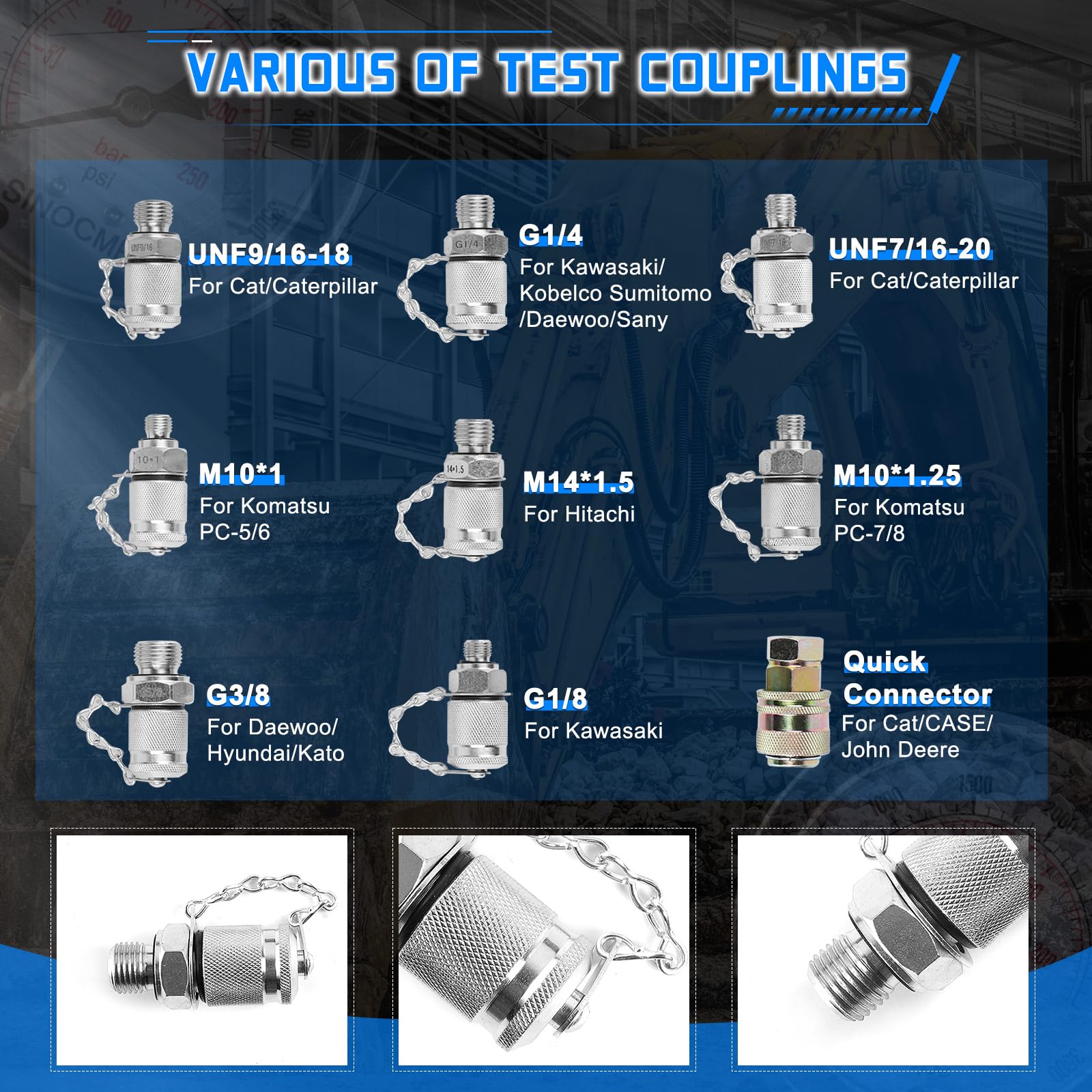 Kit de prueba de medidores de presión hidráulicos 4000/6000/10000PSI, 9 acoplamientos, 3 mangueras de prueba de 59 pulgadas, 1 caja de aluminio para maquinaria de construcción de excavadoras