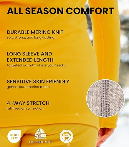 Miniatura 4 de Merino.tech Capa base de lana merino para mujer, 100% lana merina, peso medio, camisa térmica de manga larga y calcetines