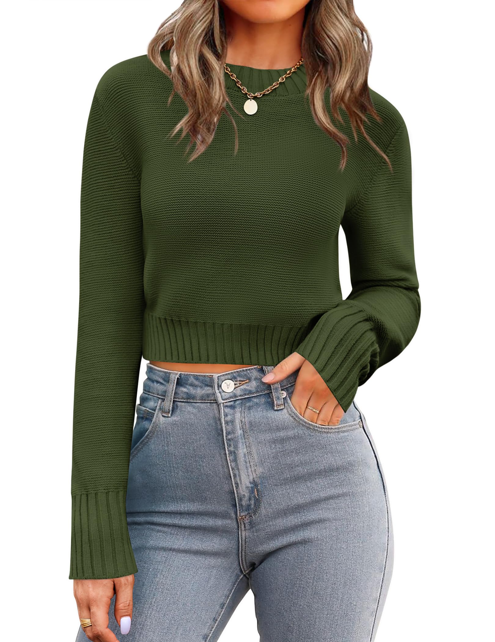 Zeagoo Women's 2026 Fall Crewneck Cropped Sweaters Long Sleeve Knit Tops | Basic Soft Cozy Ribbed Knitted Pullover,Trendy Winter Fashion Layer Cute Clothing,Going Out Business Casual Dressy Outfit