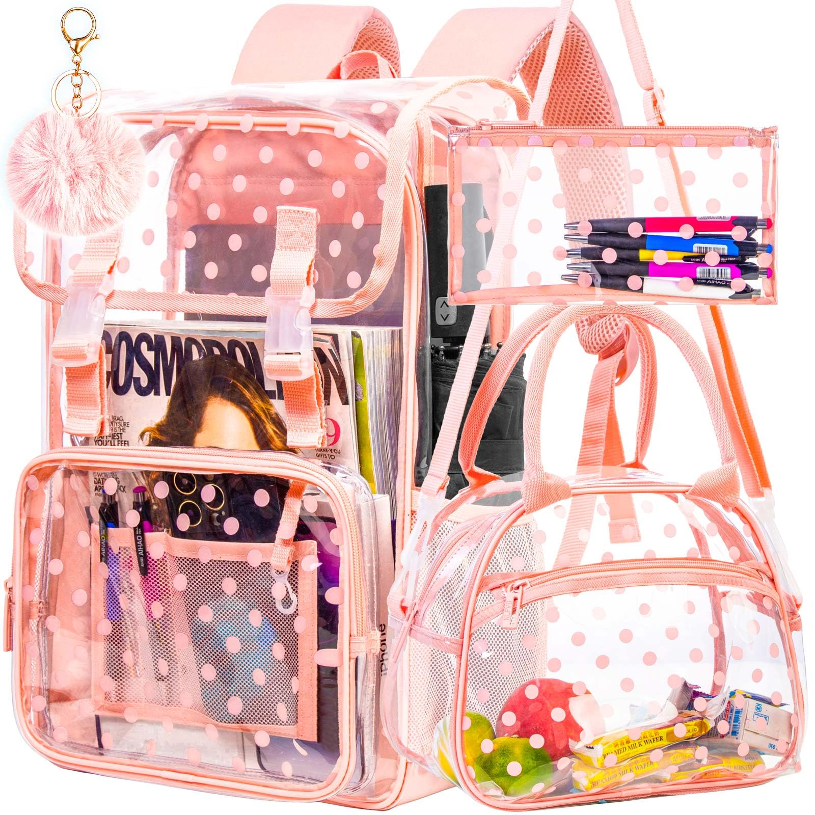 ZLYERT 17" Polka Dot Clear Backpack for Girls - 3Pcs Flip Design Stadium Approved Set, Campus/School Transparent Bookbag (Pink)