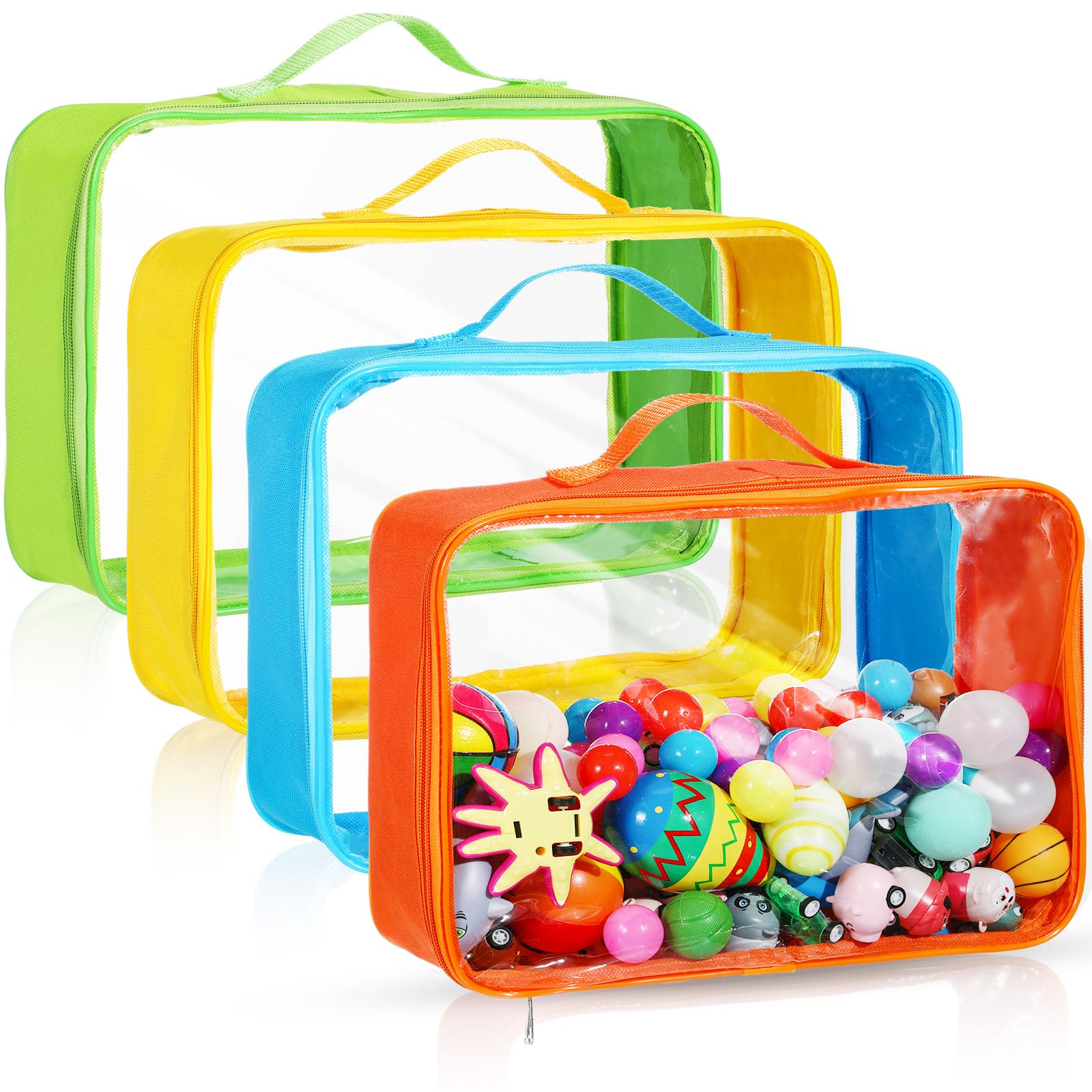 Huhumy 4 Pcs Extra Large Toy Storage Bags with Zipper 12.6'' Clear PVC Organizing Bags Reusable Toy Organizer Travel Waterproof with Handle for Board Games Building Blocks Puzzle(Multicolor)