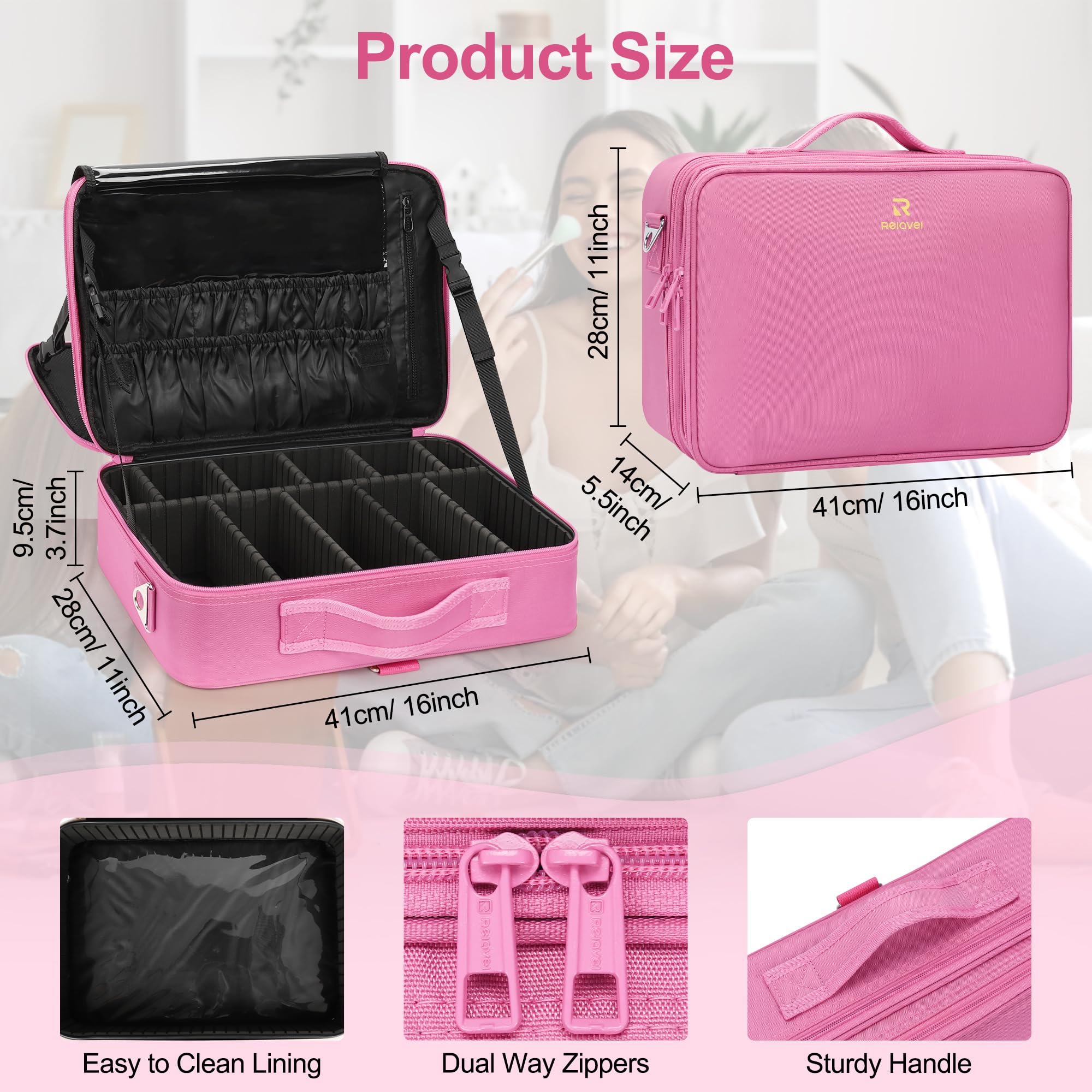 Relavel Estuche de Maquillaje con Ruedas, Mochila de Maquillaje Profesional para Artistas de Maquillaje, Rosa, L, Estuche de Maquillaje Grande