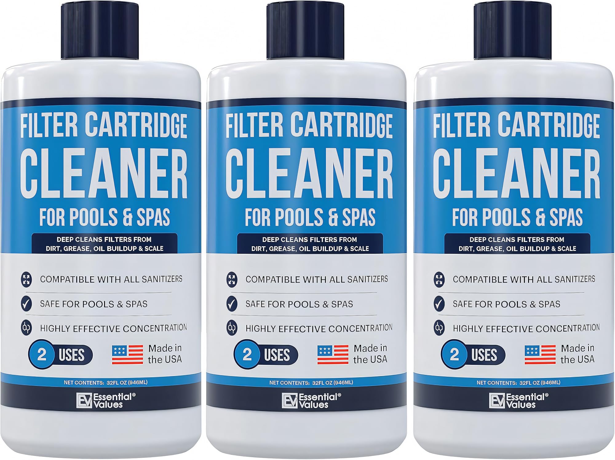Pool & Spa Cartridge Cleaner (3 Pack, 32oz / 3 Quart Total / 6 Uses), Made in USA - Filter Cleaning Solution Comparable to Leisure Time by Essential Values