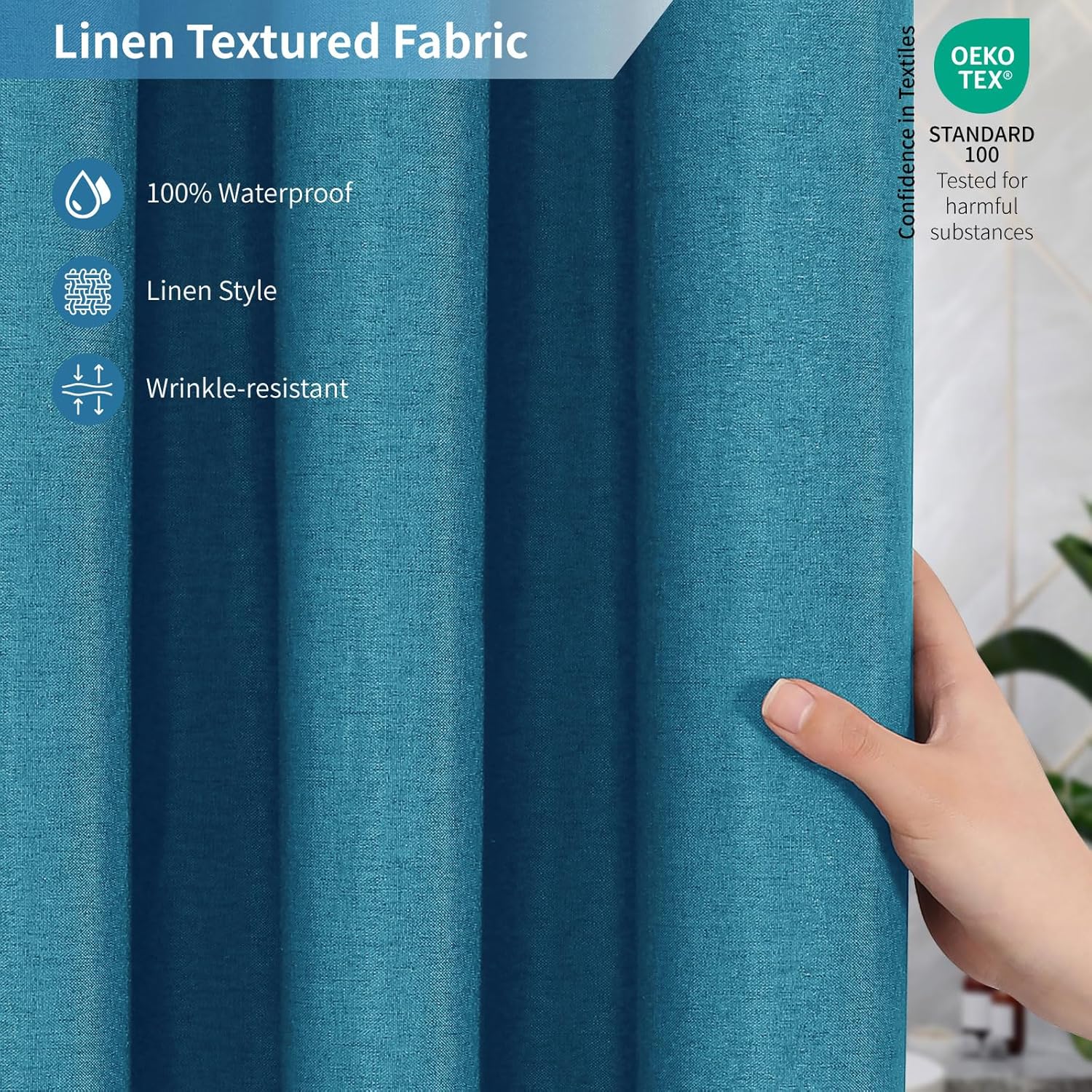 2-in-1 Waterproof Fabric Shower Curtain or Liner,Linen Textured,Breathable TPU & Washable Bathroom Shower Curtain Set with 12 Plastic Hooks,Modern,72"x72" Oceanblue