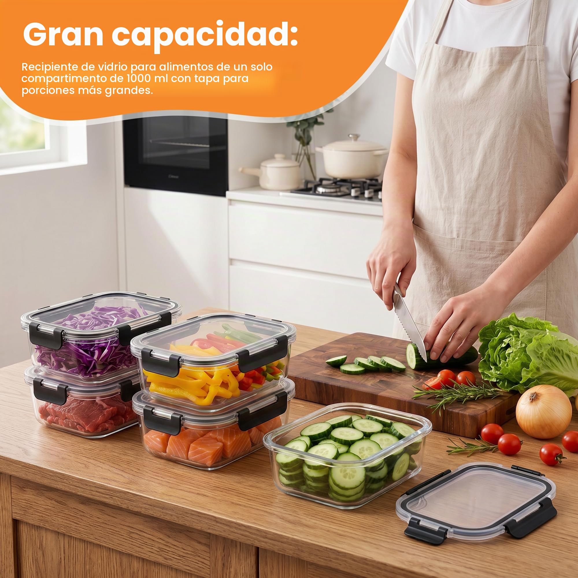 Zocipro 5 Pack 1000 ml Tupper Cristal Grande Hermético con Tapa, Meal Prep Containers, Tuppers de Vidrio, Glass Food Storage, Potes de Vidro, Fiambreras de Vidrio, Microondas Horno Congelador