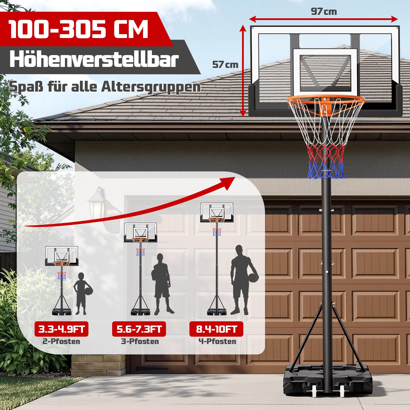 Basketballkorb Outdoor Höhenverstellbar 100-305cm mit Ständer Bruchsichere Rückband Wetterfest Netz