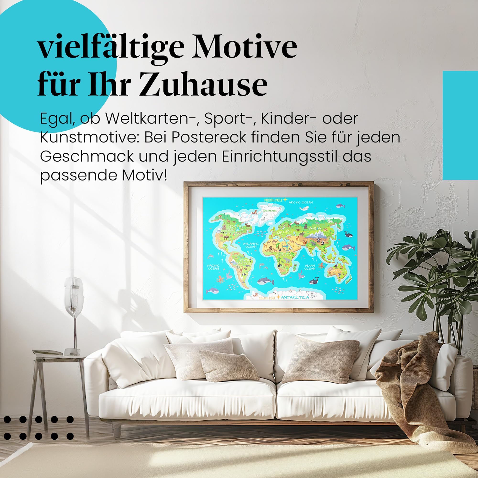 Postereck - 0863 - Weltkarte, Kinder Tiere Kontinente Lernen Schule - Unterricht Klassenzimmer Schule Wandposter Fotoposter Bilder Wandbild Wandbilder - Leinwand - 75,0 cm x 50,0 cm