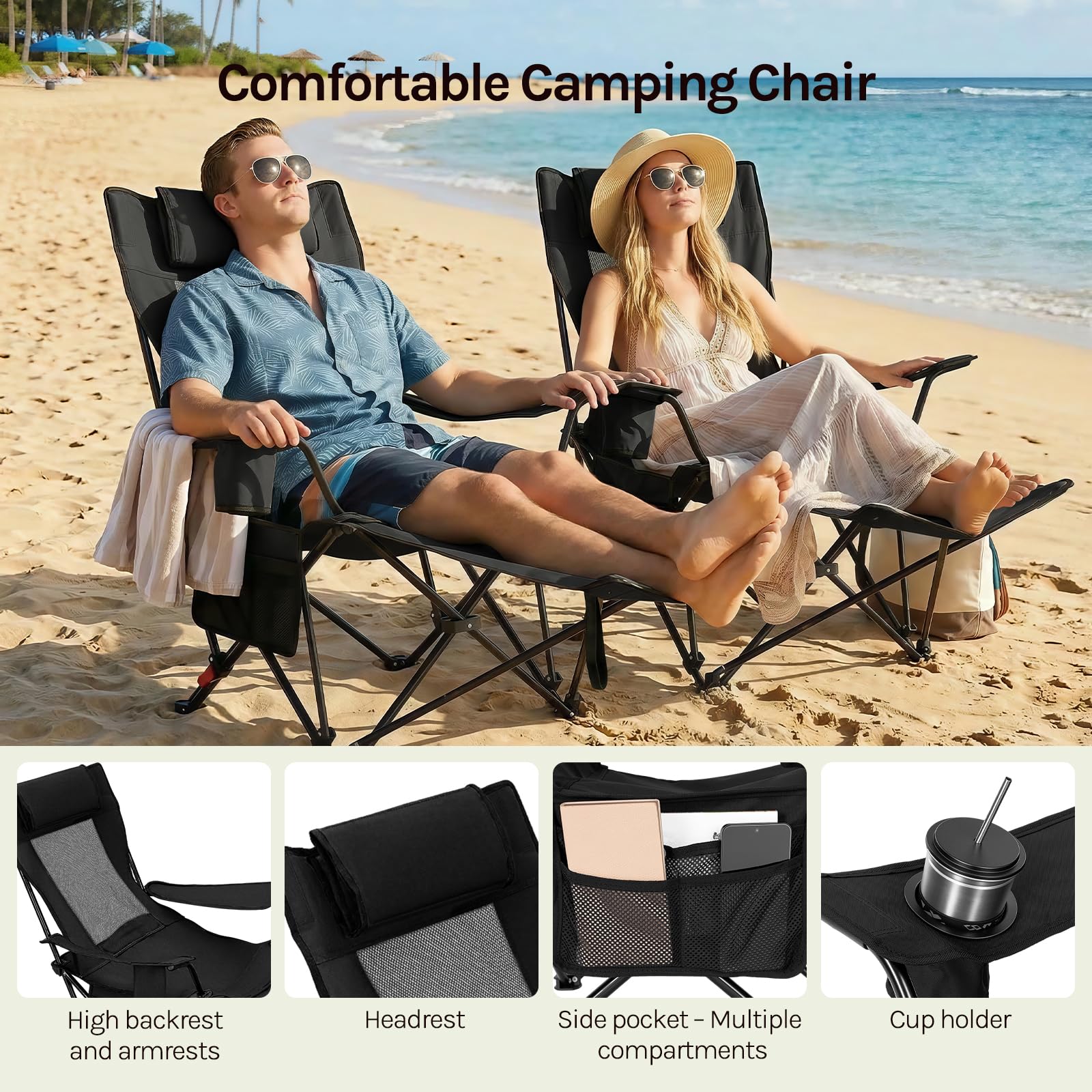 WOLTU Set di 2 Sedie Pieghevoli, Sdraio da Giardino, Regolabili in 3 Posizioni, Supporta 150 kg, con Portabicchieri, Tasca Laterale, Poggiapiedi, per Campeggio, Pesca, Spiaggia, Nero
