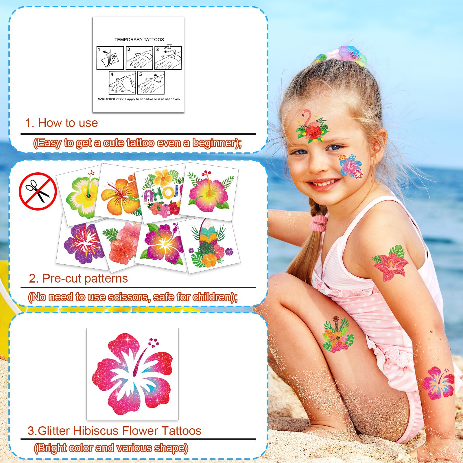 72 Tatuajes Temporales De Flor De Hibisco Hawaianos | Tattoos Tropicales De Verano Para Niñas Y Adultos | Decoración Para Fiestas Y Bolsas De Regalo | Fáciles De Aplicar