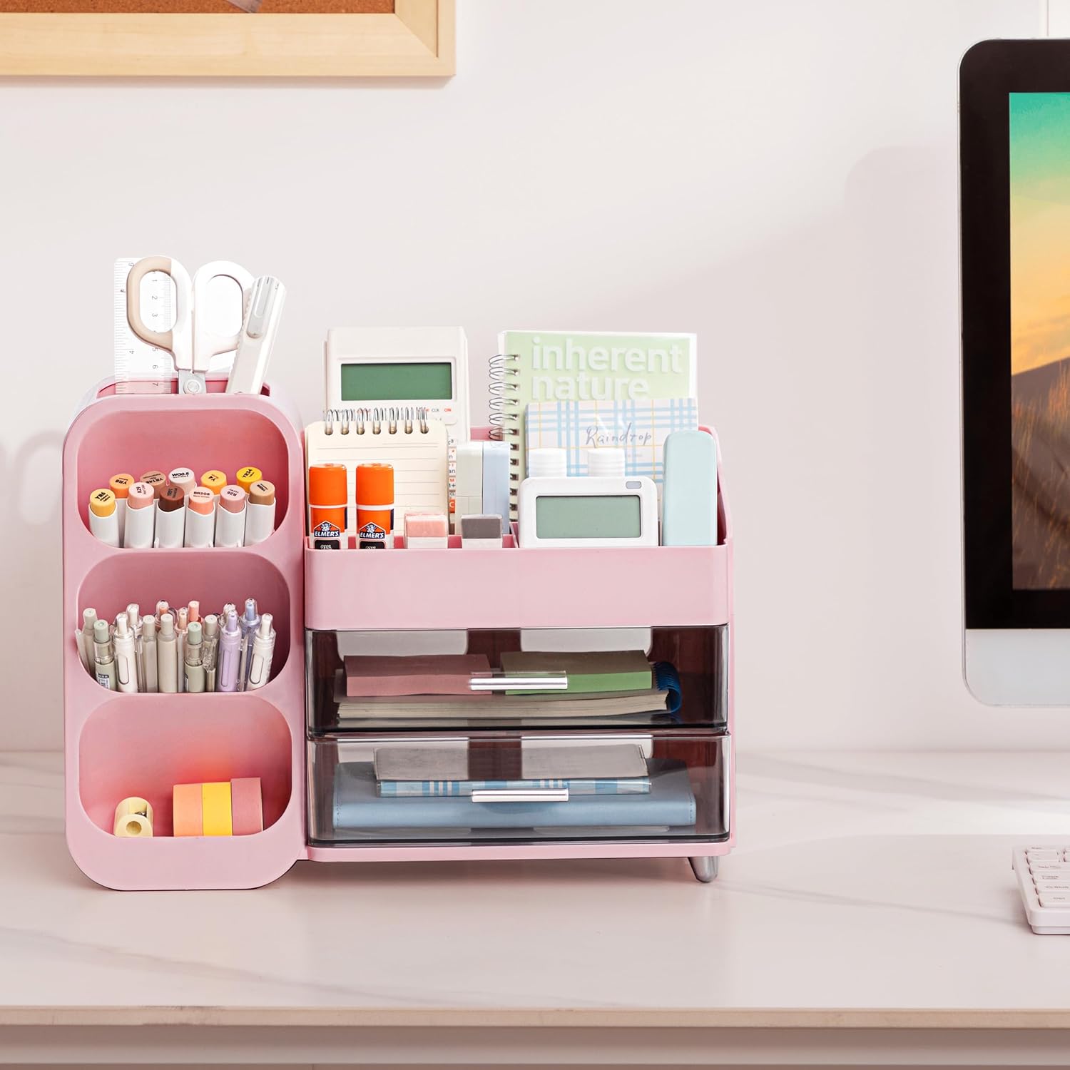 HBlife Desk Organizer with Pen Pencil Holder for Desk, Pen Organizer with 2 Drawers, Desk Organizers and Accessories with 4 Compartments, Desktop Storage for Office Home School Art Supplies, Pink