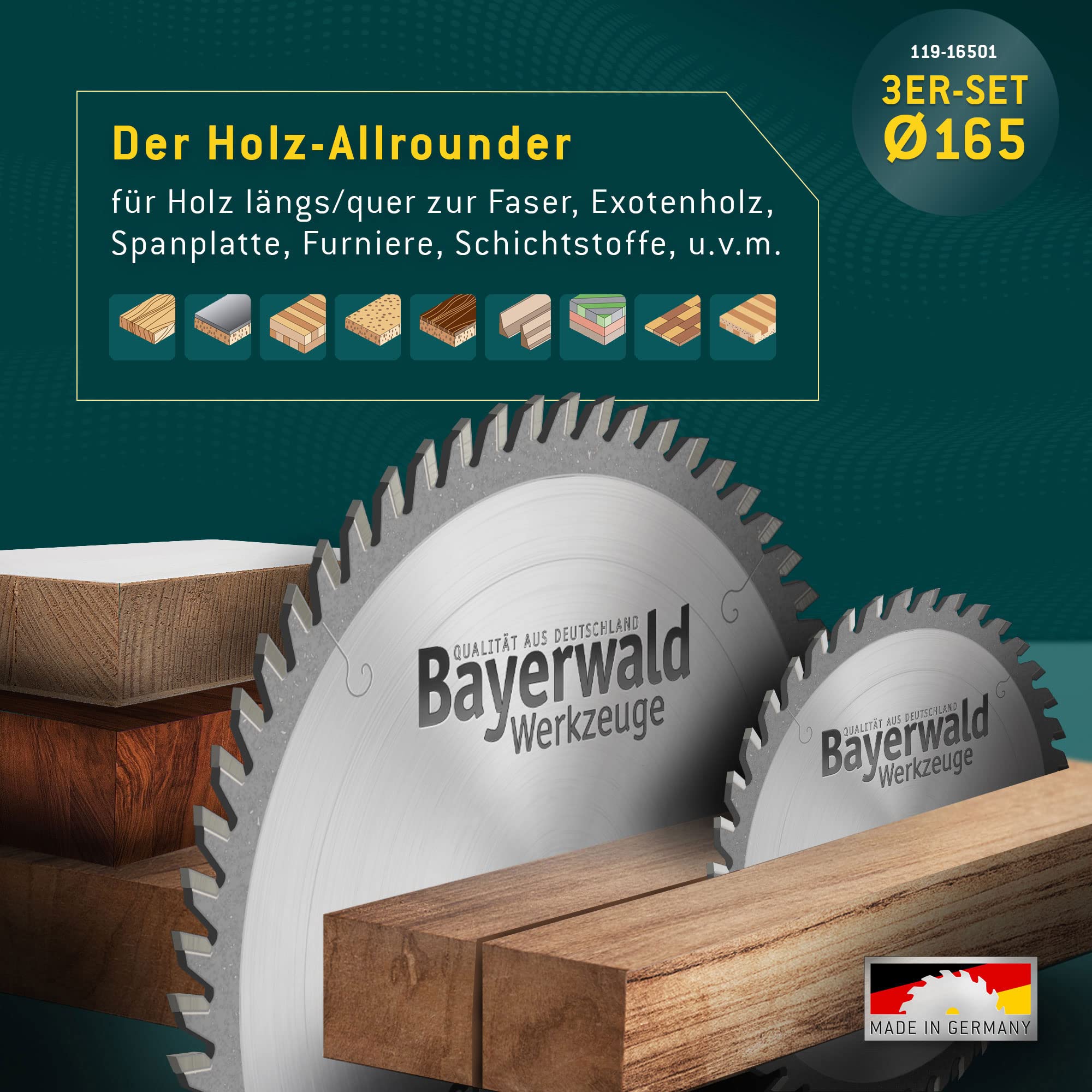 Juego de hojas de sierra circular WOOD ALLROUND Bayerwald Ø 165 (3 piezas) - Para cortar madera, tablones de madera, tiras perfiladas, etc. Adecuado para sierras circulares manuales con Bosch GKS 165