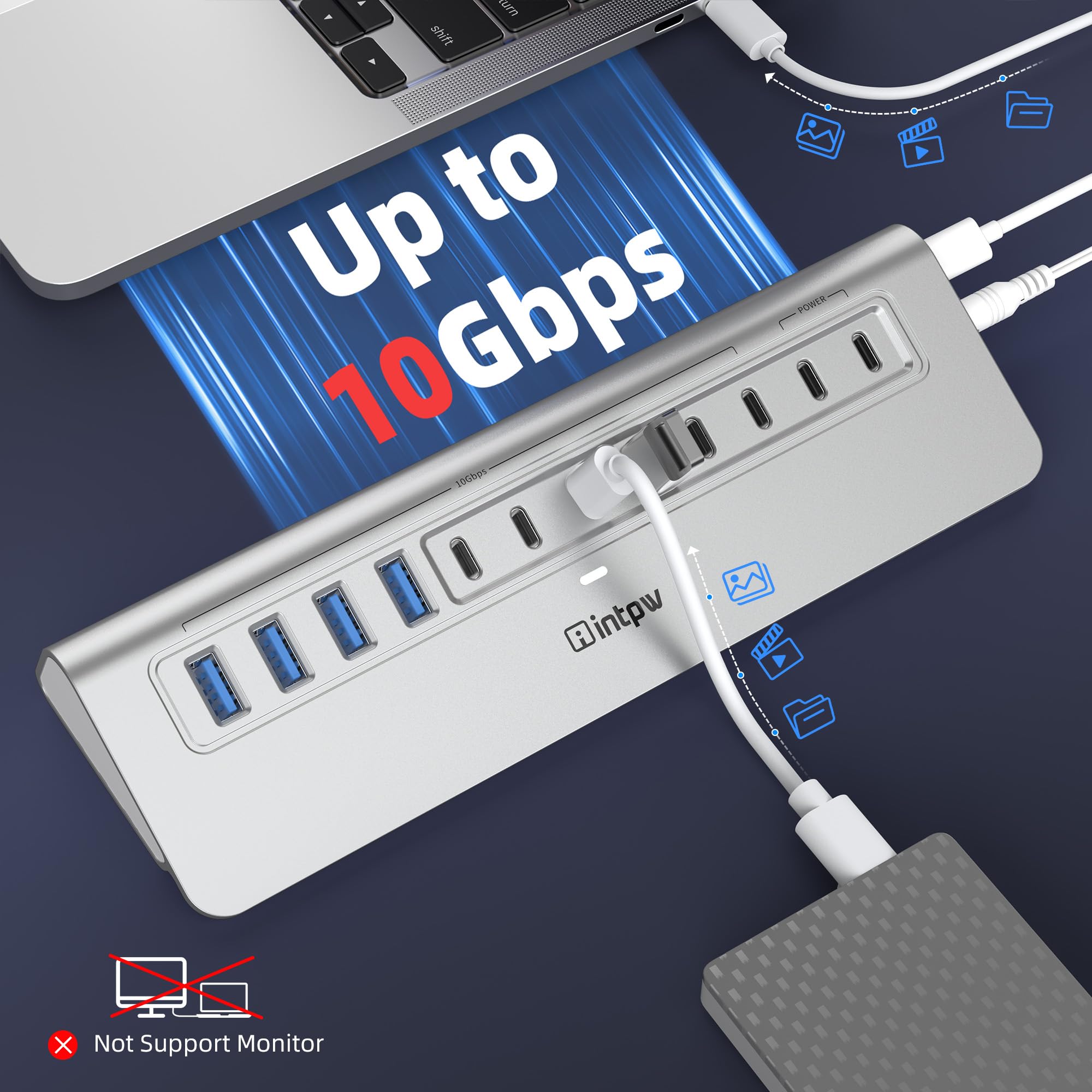 Hub USB alimentato da 10 Gbps, intpw 12 porte USB 3.2/USB C Hub (4 x USB-A 3.2 + 6 x USB-C 3.2 10 Gbps + 2 x porte di ricarica rapida PD 45 W), cavo da 0,9 m, hub USB in alluminio per PC/laptop/iPhone