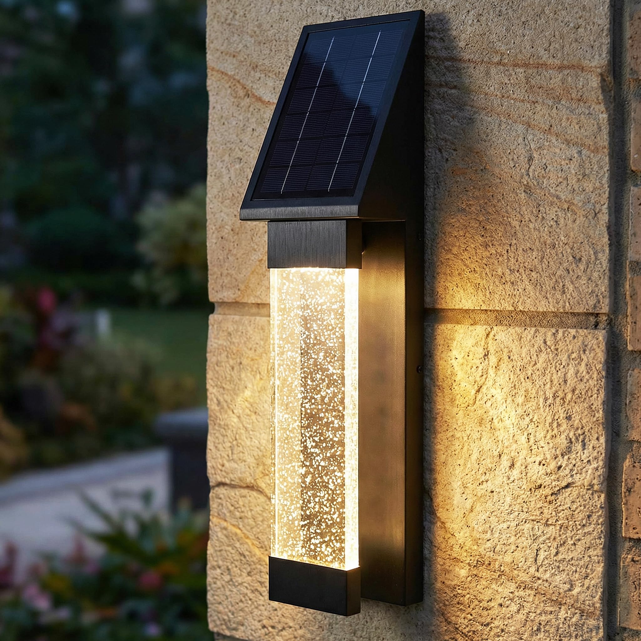 Arnusa Solar Außenwandleuchte Edelstahl mit Acrylglas Luftblasen LED warmweiß, Solar Wandlampe mit Fernbedienung & Dämmerungssensor, moderne Außenbeleuchtung Garten Terrasse Hauswand (50 cm)